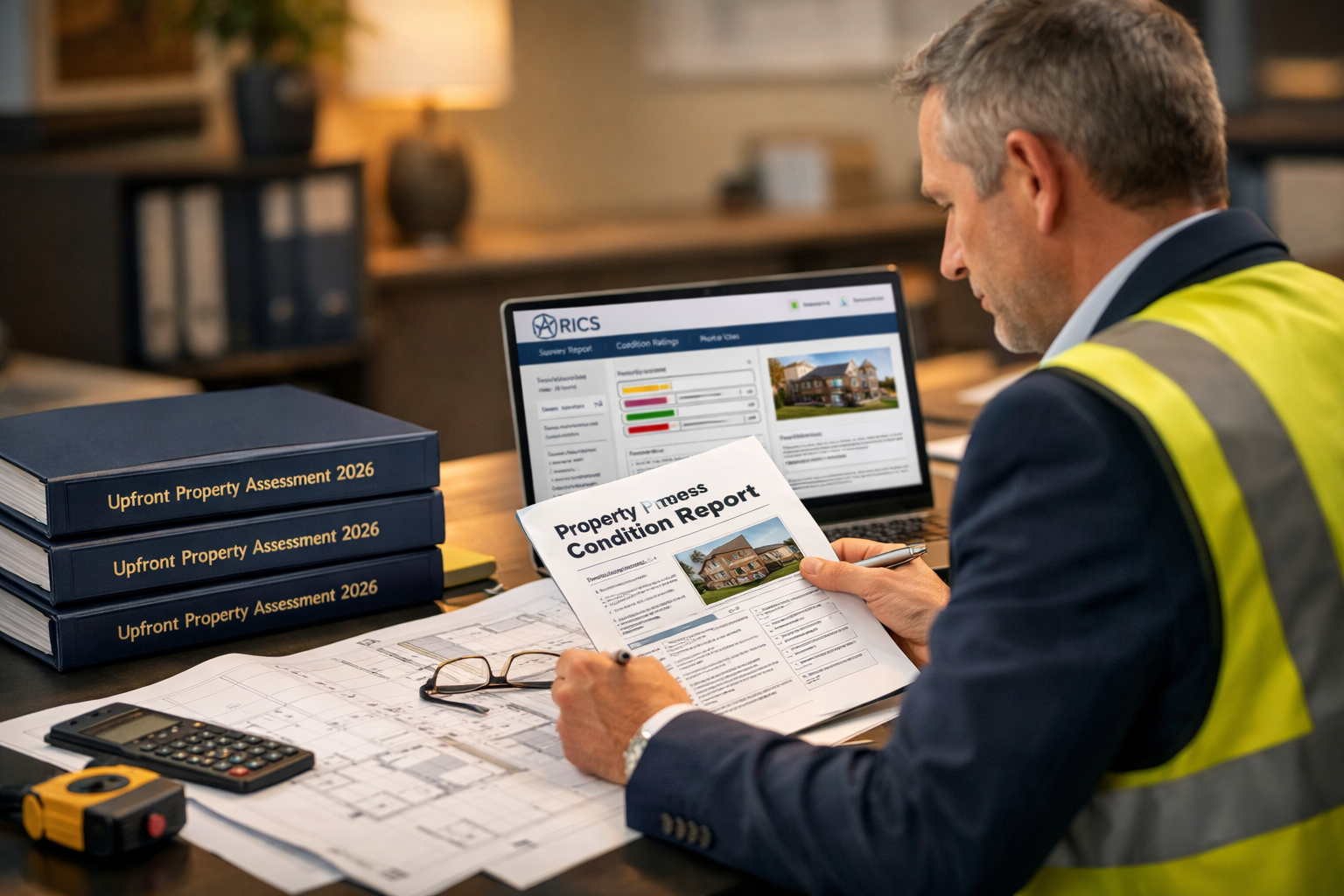 Wide-angle editorial photograph of a professional building surveyor at a desk reviewing architectural blueprints and