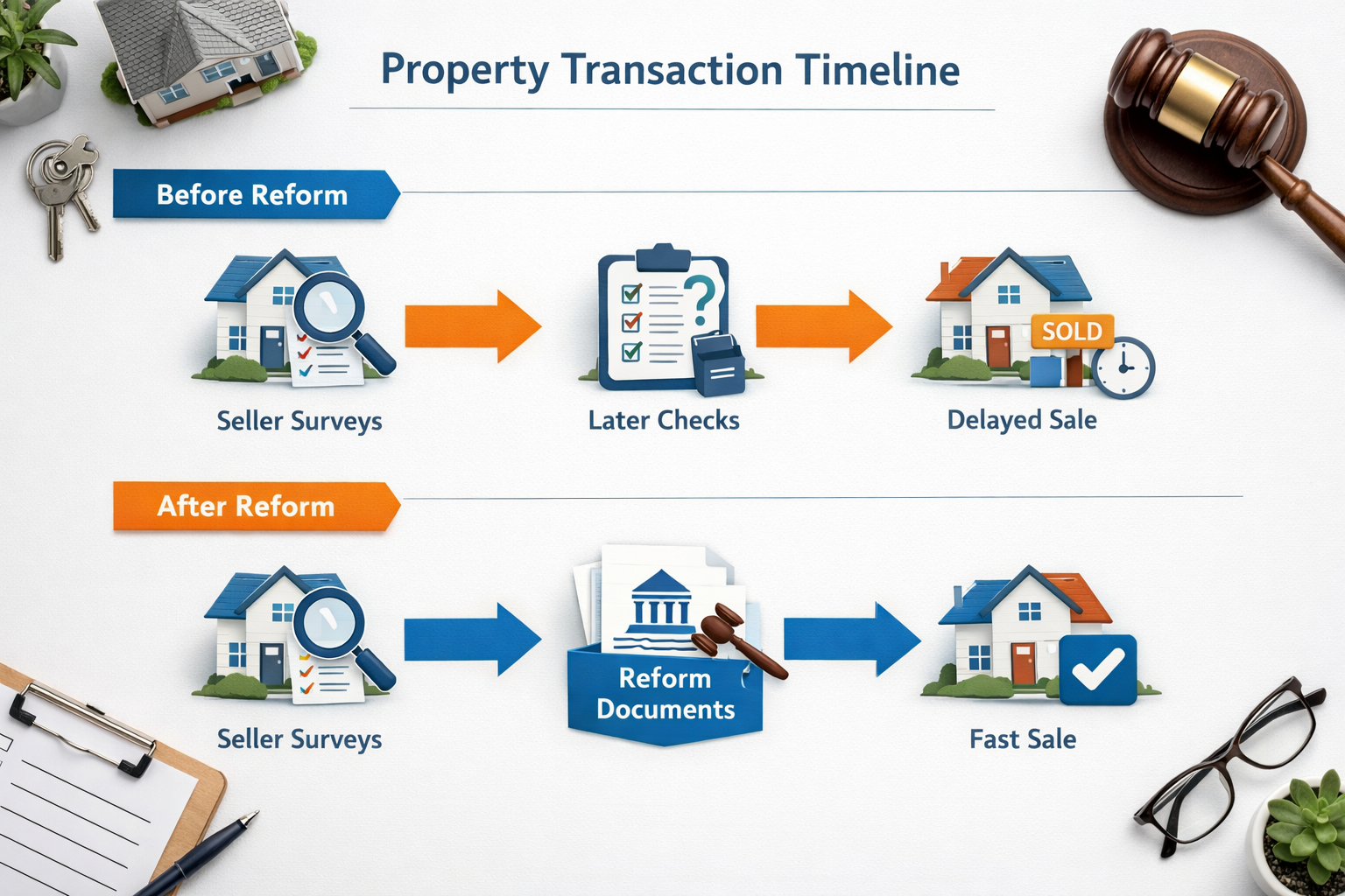 Overhead flat-lay infographic-style image showing a property transaction timeline diagram on a large white desk surface,