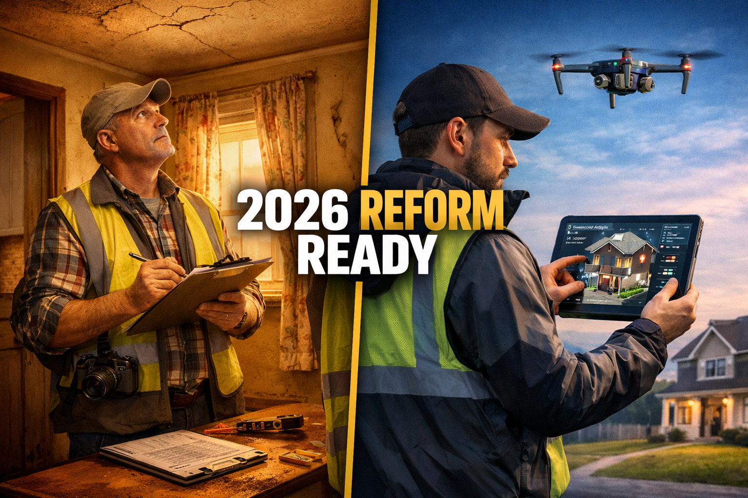 Dynamic split-screen editorial image: left side shows a traditional surveyor with paper forms and manual tools inspecting a