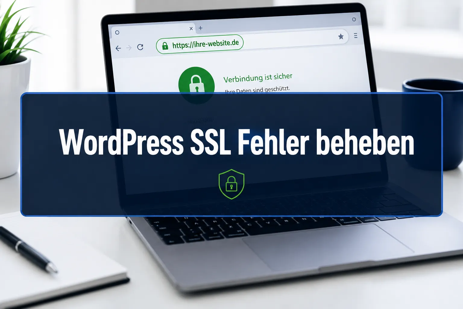 Professional () hero image with centered (≤42 chars): 'WordPress SSL Fehler beheben' in crisp white on a deep