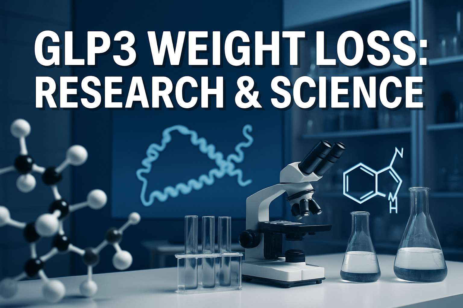 Professional landscape hero image (1536x1024) featuring bold text overlay 'GLP3 Weight Loss: Research & Science' in extra large 72pt white s