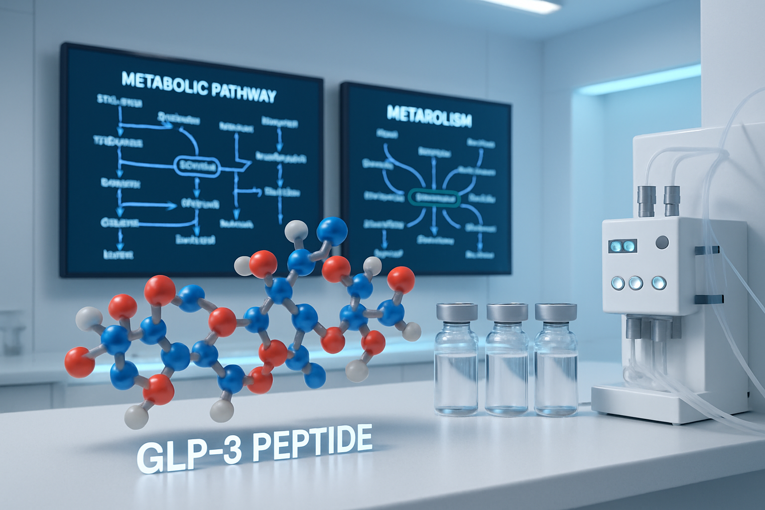 Scientific laboratory scene showing GLP3 peptide molecular structure with 3D rendered protein chains, research vials containing clear soluti
