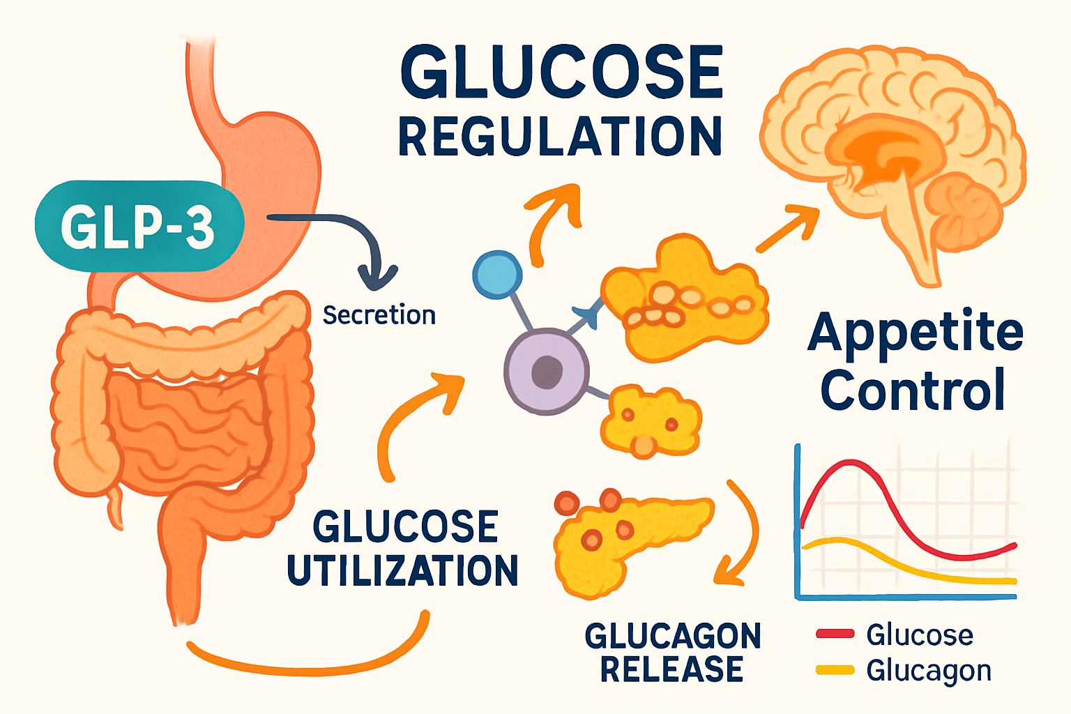 Medical research infographic displaying GLP3 mechanism of action with digestive system illustration, glucose regulation pathways, appetite c