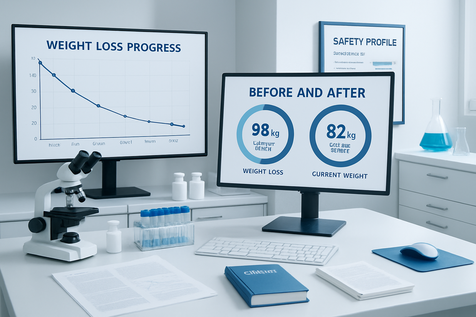 Clinical research setting with data charts showing weight loss progression graphs, before/after comparison metrics, safety profile documenta