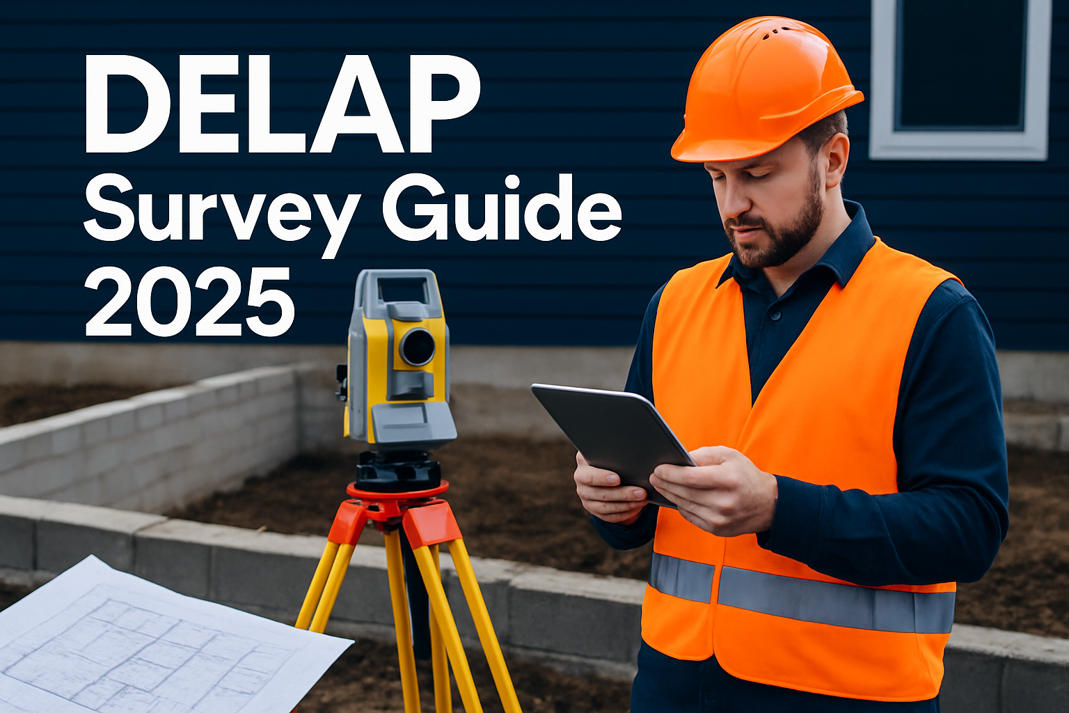 Professional landscape hero image (1536x1024) featuring bold text overlay 'DELAP Survey Guide 2025' in extra large 72pt white sans-serif fon