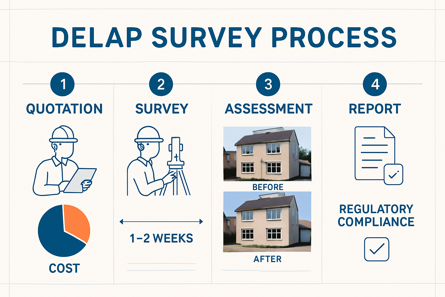 Landscape infographic image (1536x1024) displaying DELAP survey process flowchart with numbered steps, timeline elements, cost breakdown cha