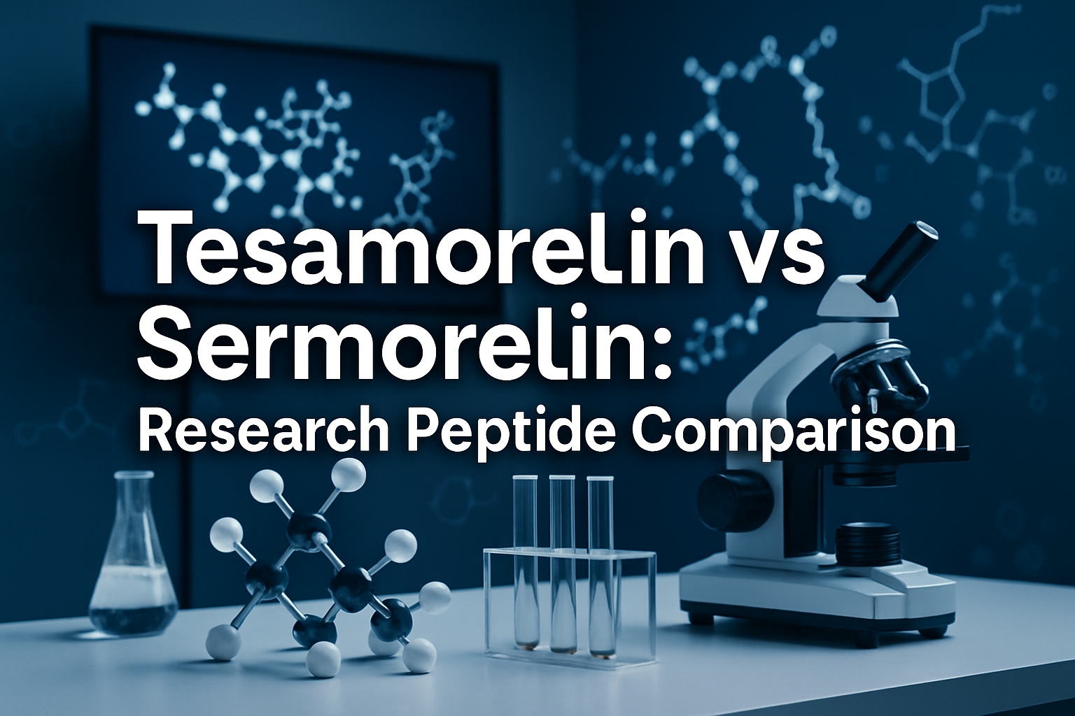 Professional landscape hero image (1536x1024) featuring bold text overlay 'Tesamorelin vs Sermorelin: Research Peptide Comparison' in extra