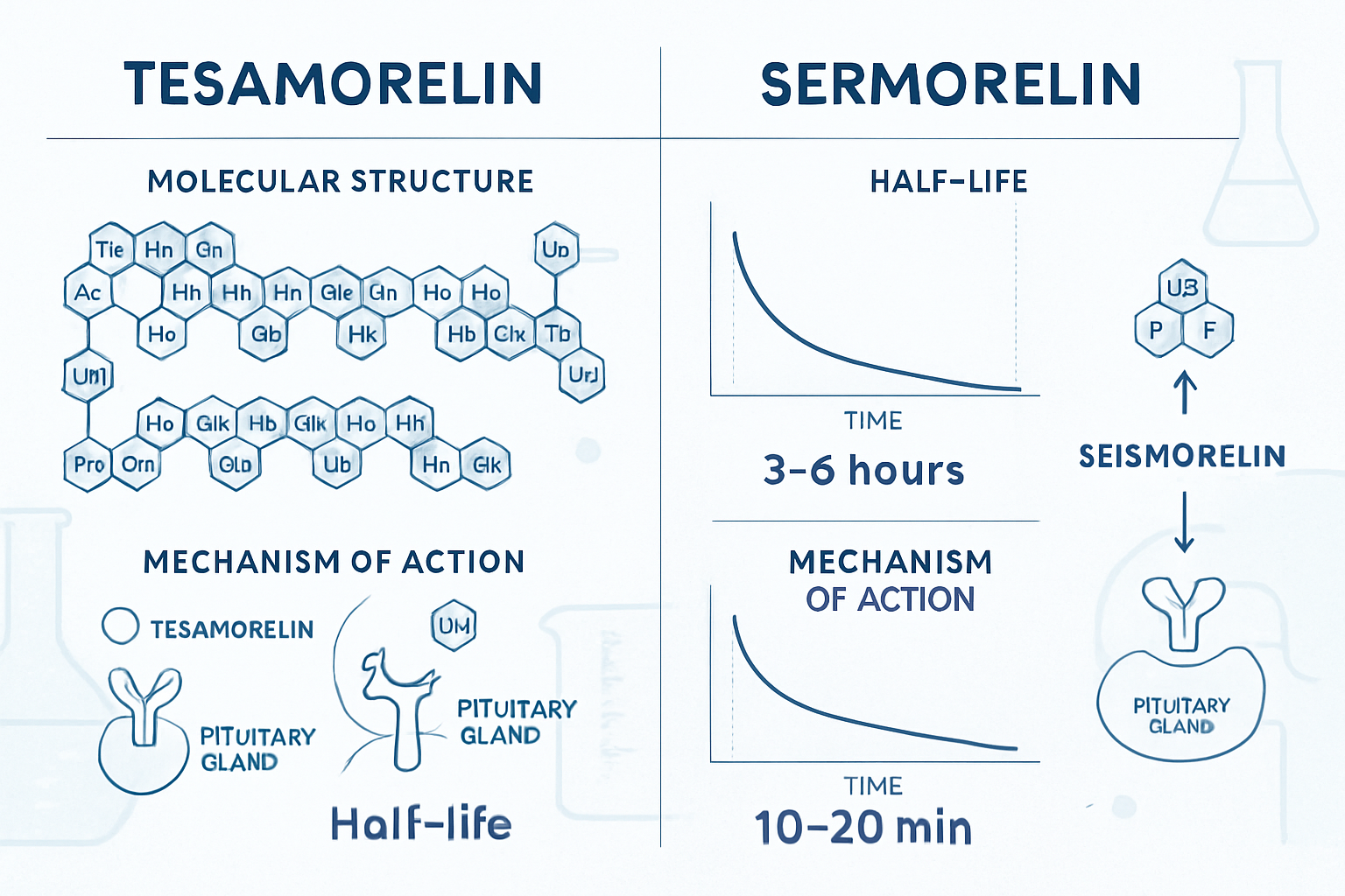Scientific comparison infographic (1536x1024) showing side-by-side molecular structures of tesa and serm peptides with detailed