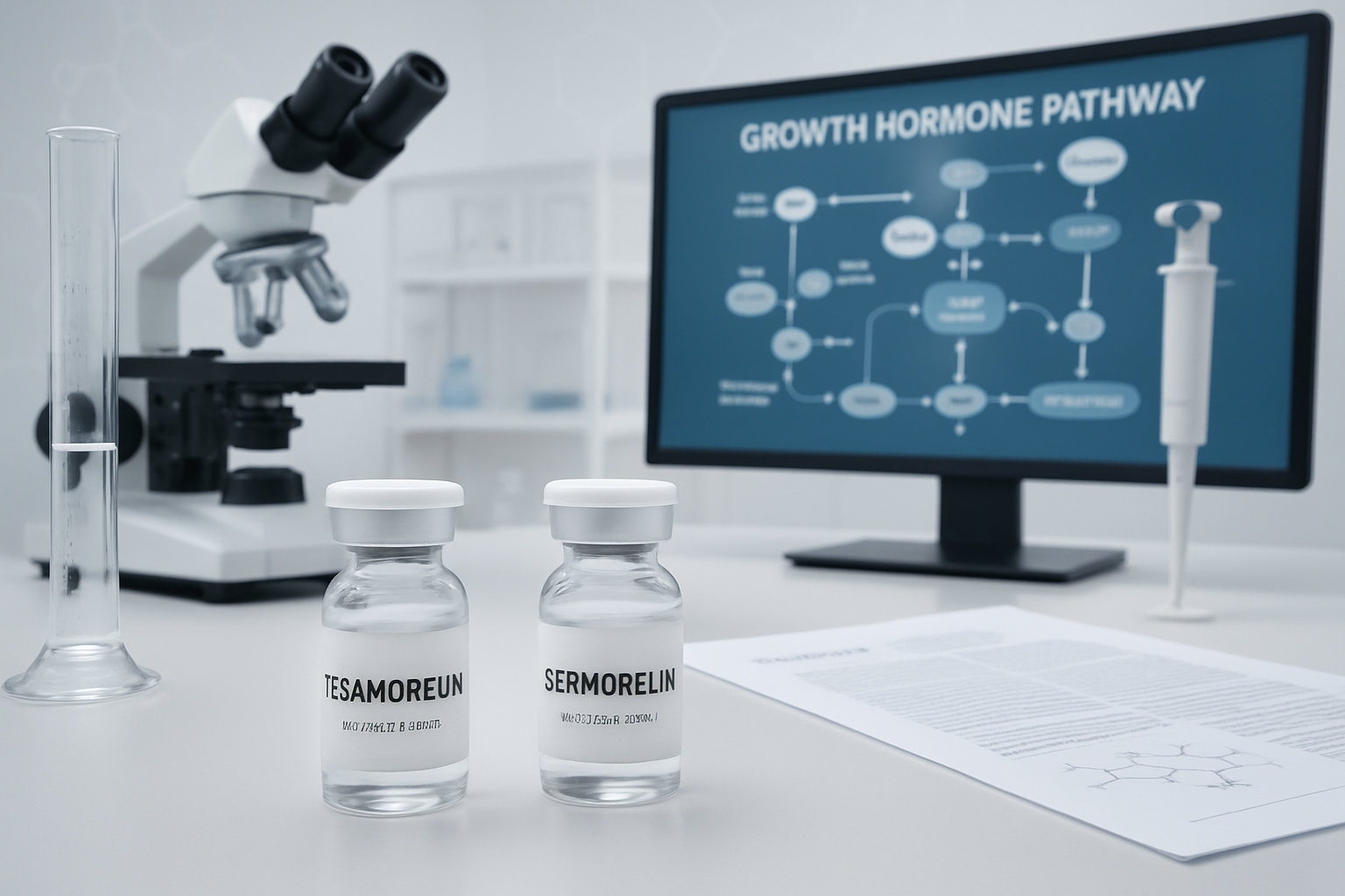 Research laboratory scene (1536x1024) depicting peptide vials labeled with tesa and serm, scientific measuring equipment, growt