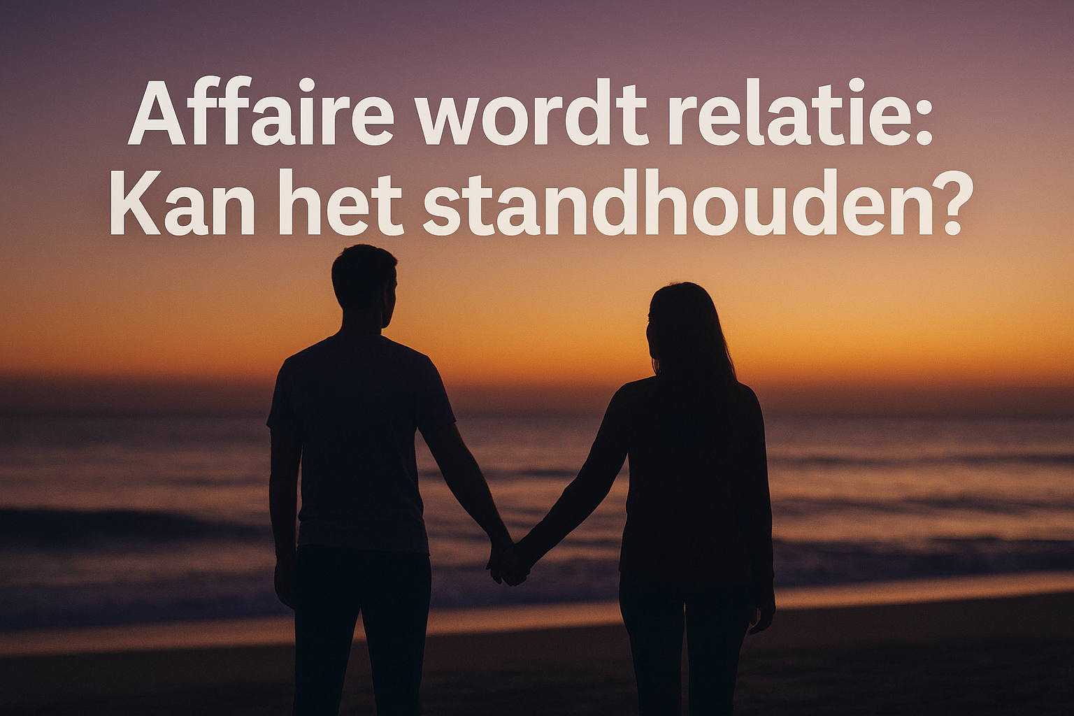 Professional landscape hero image (1536x1024) featuring bold text overlay "Affaire wordt relatie: Kan het standhouden?" in extra large 68pt 