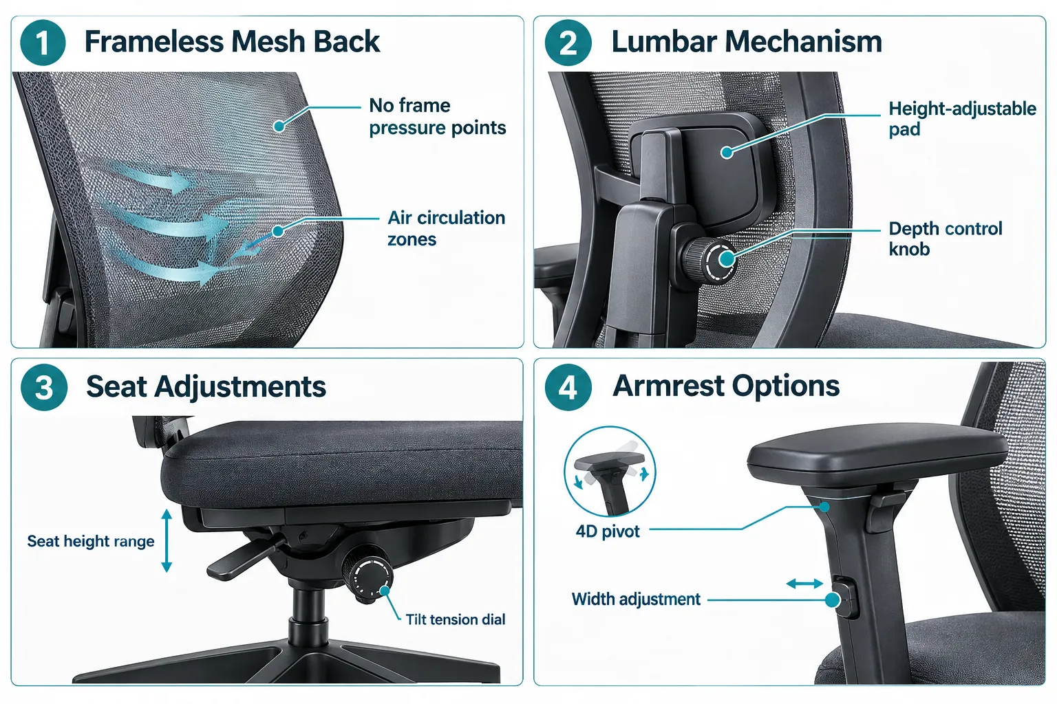 Eurotech Vera Mesh Office Chair Four-panel annotated comparison guide landscape format (1536x1024): Panel 1 labeled 'Frameless Mesh Back' showing close-up illustration of tensioned mesh with callout lines pointing to 'No frame pressure points' and 'Air circulation zones'. Panel 2 labeled 'Lumbar Mechanism' with callout lines to 'Height-adjustable pad' and 'Depth control knob'. Panel 3 labeled 'Seat Adjustments' with labels 'Seat height range' and 'Tilt tension dial'. Panel 4 labeled 'Armrest Options' with labels '4D pivot' and 'Width adjustment'. Clean white background, teal and charcoal palette, editorial product-guide polish, thin callout lines, bold panel headings. What Is the Eurotech Vera Mesh Office Chair?