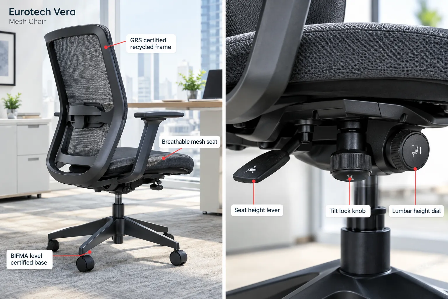 Eurotech Vera Mesh Office Chair Annotated split-screen landscape format (1536x1024) documentary photograph: Left half shows the Eurotech Vera mesh chair from a 45-degree rear angle in a bright modern office, with three callout labels pointing to 'GRS certified recycled frame', 'BIFMA level certified base', and 'Breathable mesh seat'. Right half shows a close-up of the chair's adjustment controls from below the seat, with callout labels 'Seat height lever', 'Tilt lock knob', and 'Lumbar height dial'. Bright natural daylight, crisp editorial photography, charcoal and white palette, thin red callout lines, professional product annotation style. Eurotech Vera Mesh Office Chair Certifications and Sustainability
