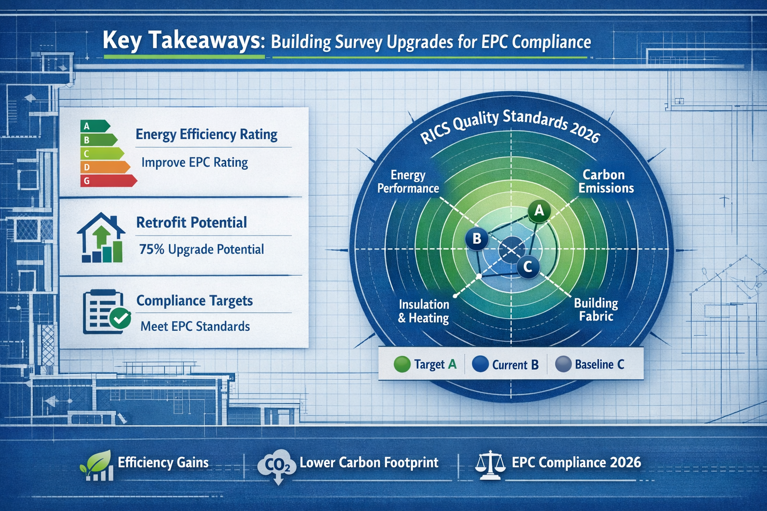 Key Takeaways section infographic visualizing Building Survey Upgrades for EPC Compliance, featuring an architectural blueprint overlaid wit