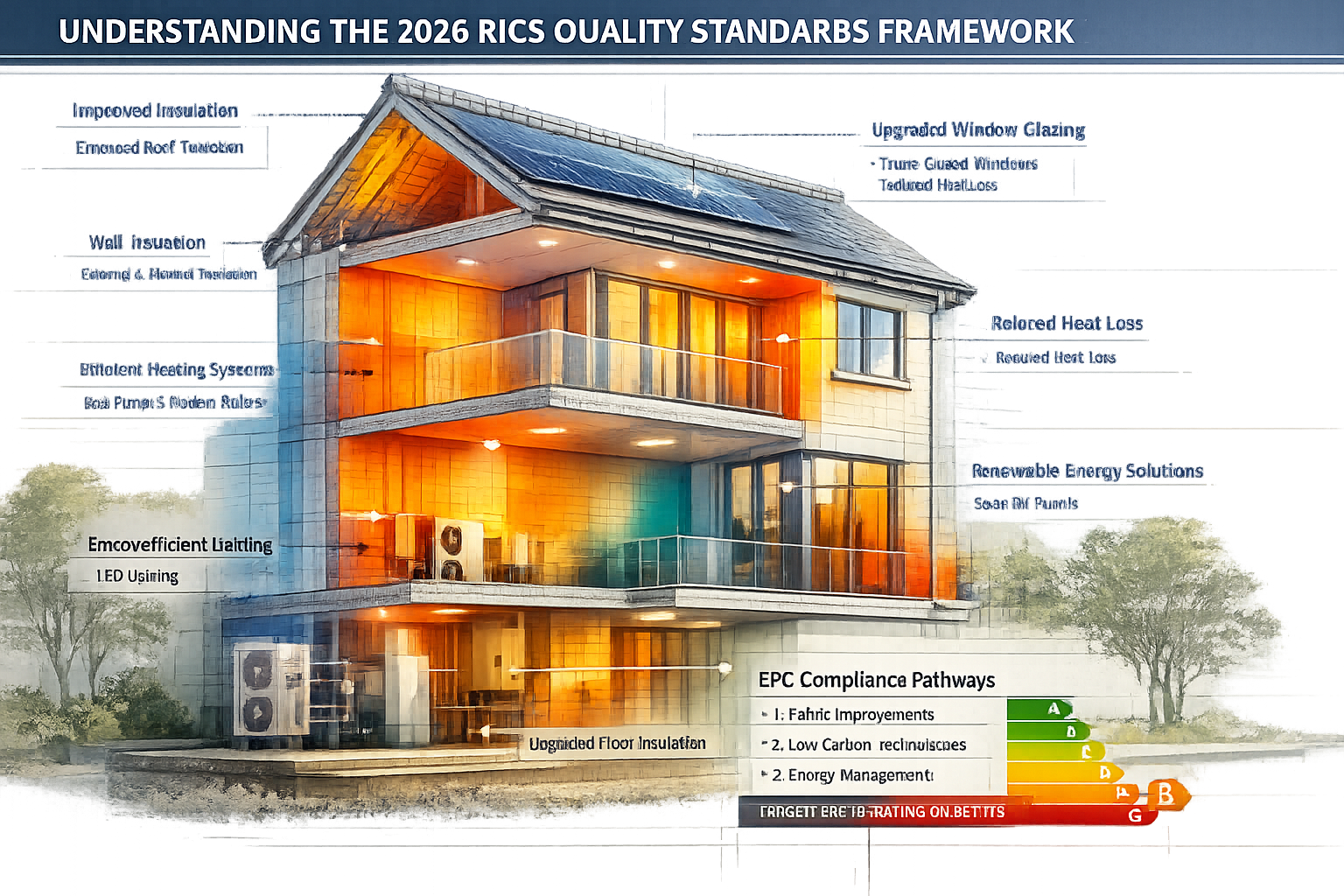 Understanding the 2026 RICS Quality Standards Framework illustration showing a multi-layered architectural cross-section, revealing building
