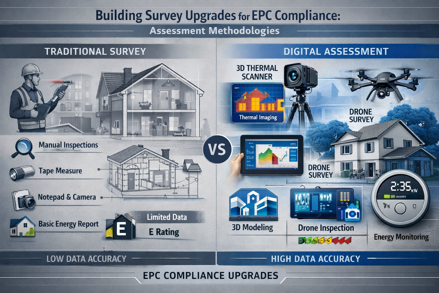 Building Survey Upgrades for EPC Compliance: Assessment Methodologies visual featuring a split-screen technical diagram, left side showing t