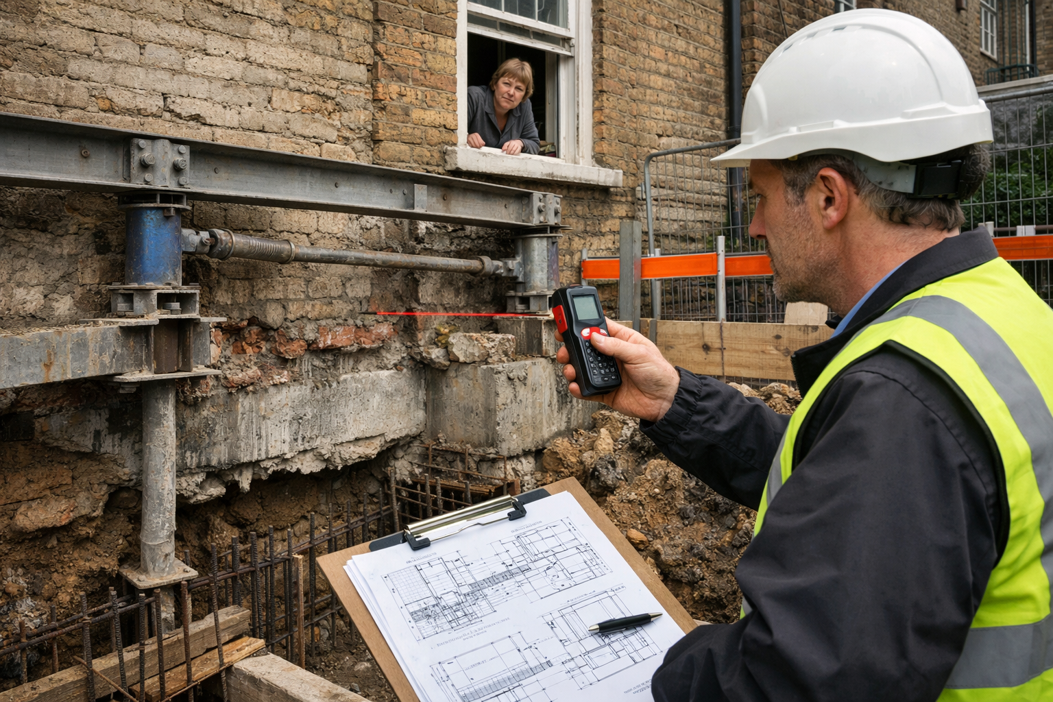 Detailed () image showing close-up of professional party wall surveyor conducting site inspection at active excavation site.