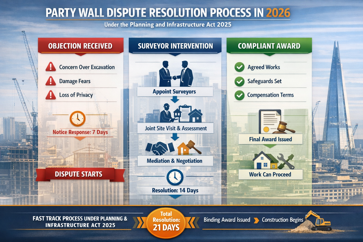 Detailed () infographic-style image displaying flowchart of party wall dispute resolution process in 2026 UK construction