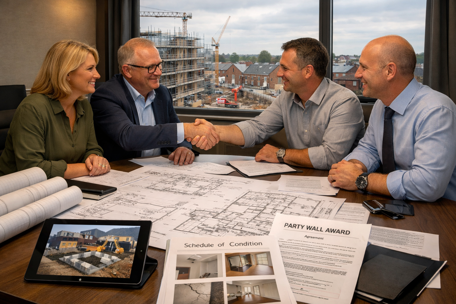 Detailed () image showing professional meeting scene of party wall award negotiation. Wide-angle view of modern conference