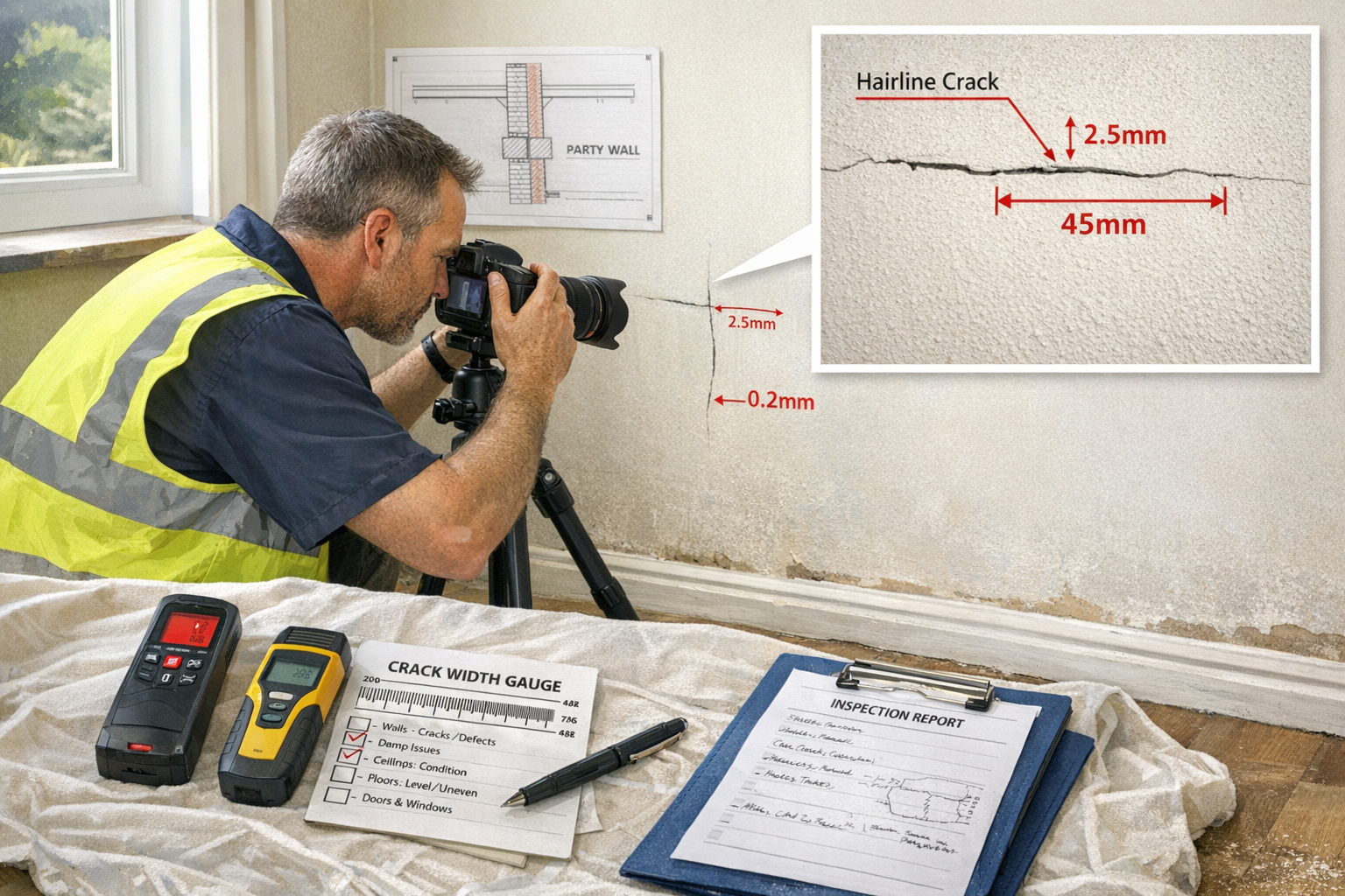 Detailed () image showing professional surveyor conducting comprehensive pre-construction property inspection in adjoining
