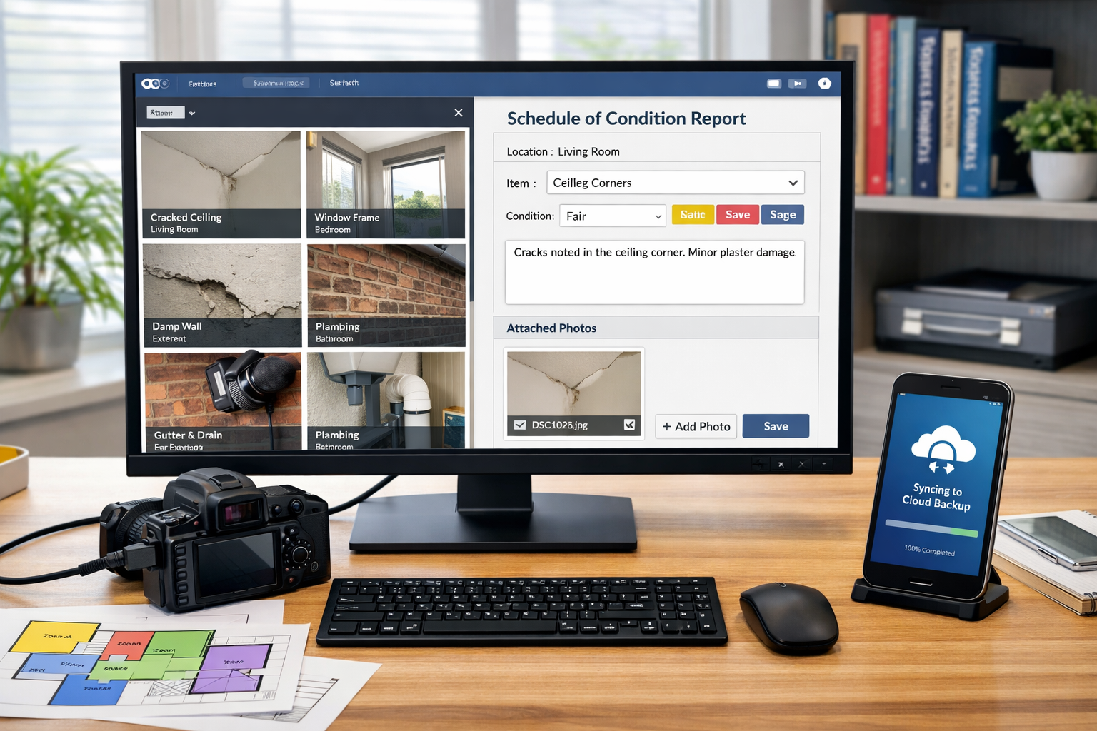 Detailed () image displaying modern digital documentation workflow for schedule of condition creation. Central focus shows