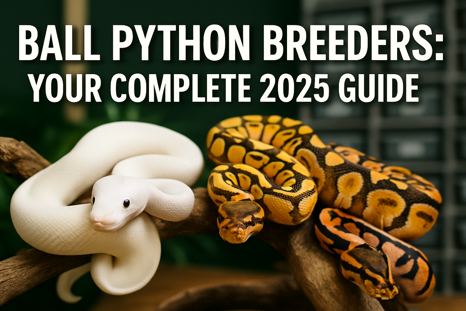 Professional landscape hero image (1536x1024) featuring bold text overlay 'Ball Python Breeders: Your Complete 2025 Guide' in extra large 72