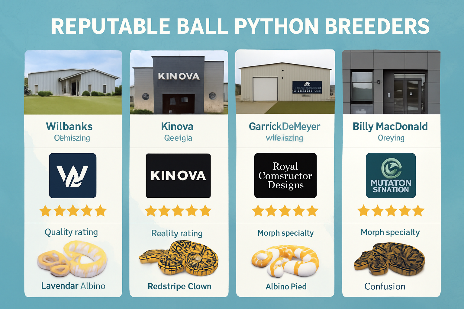 Detailed infographic-style image showing comparison chart of reputable ball python breeders with facility photos, breeder logos, quality rat