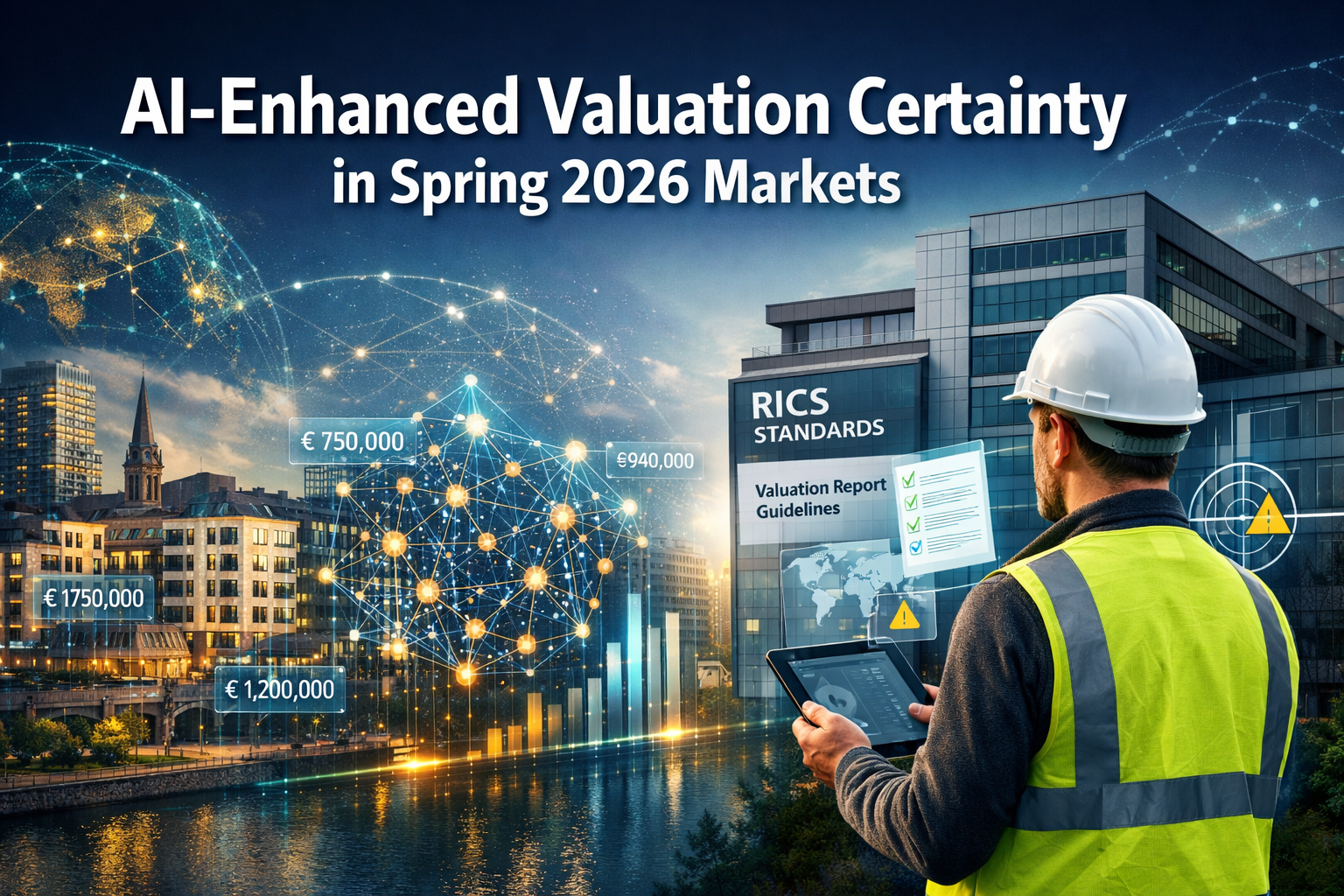 Professional () hero image featuring 'AI-Enhanced Valuation Certainty in Spring 2026 Markets' in extra large white with dark