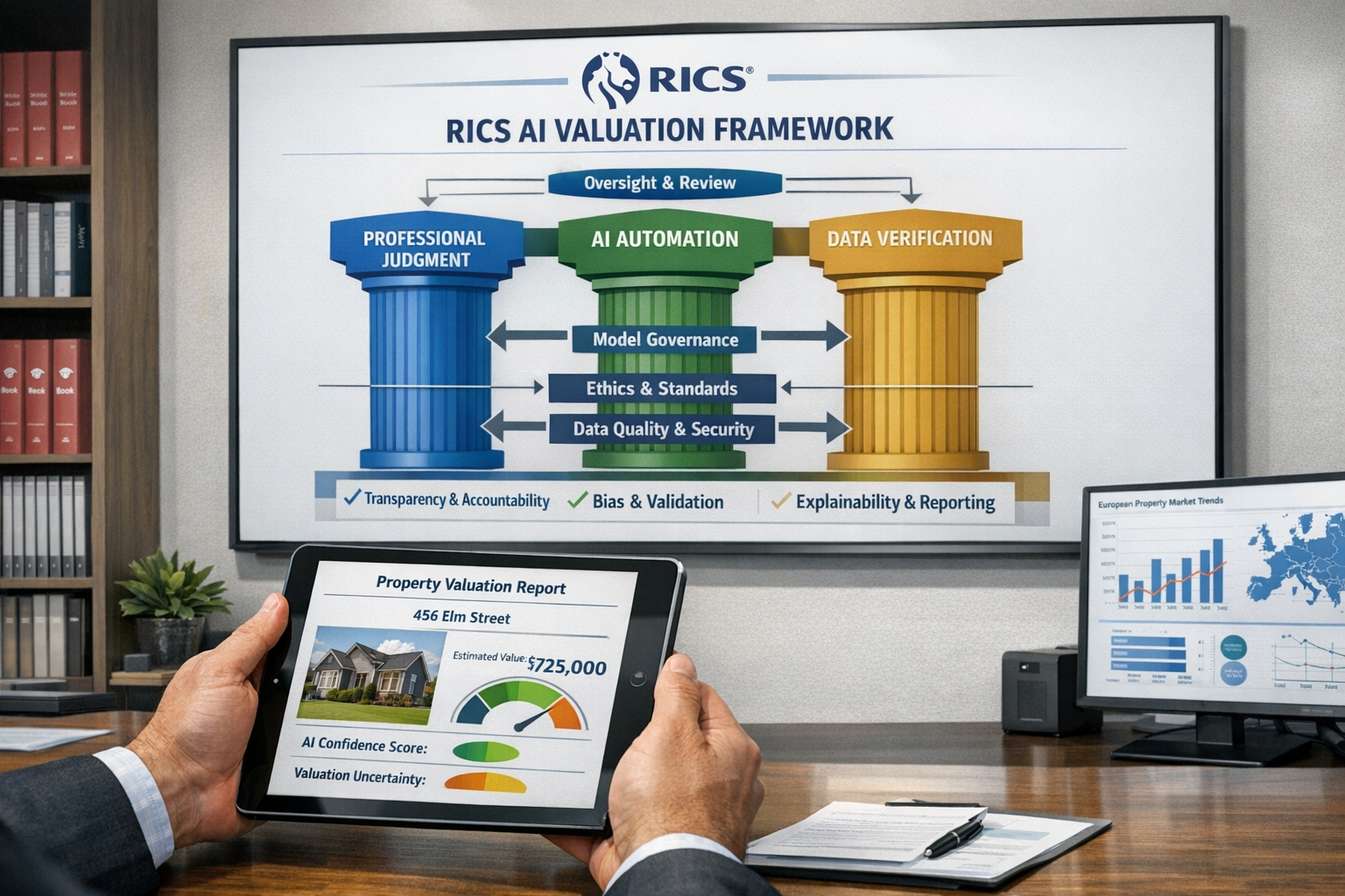 Detailed () image showing modern office environment with large wall-mounted digital display presenting RICS AI valuation