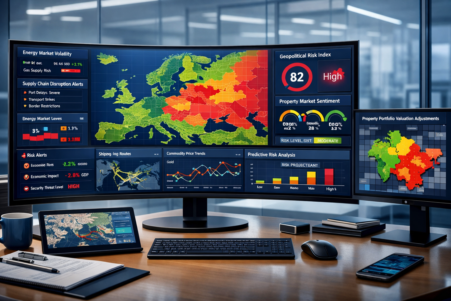 Detailed () image depicting sophisticated geopolitical risk assessment dashboard on curved ultrawide monitor setup. Screen