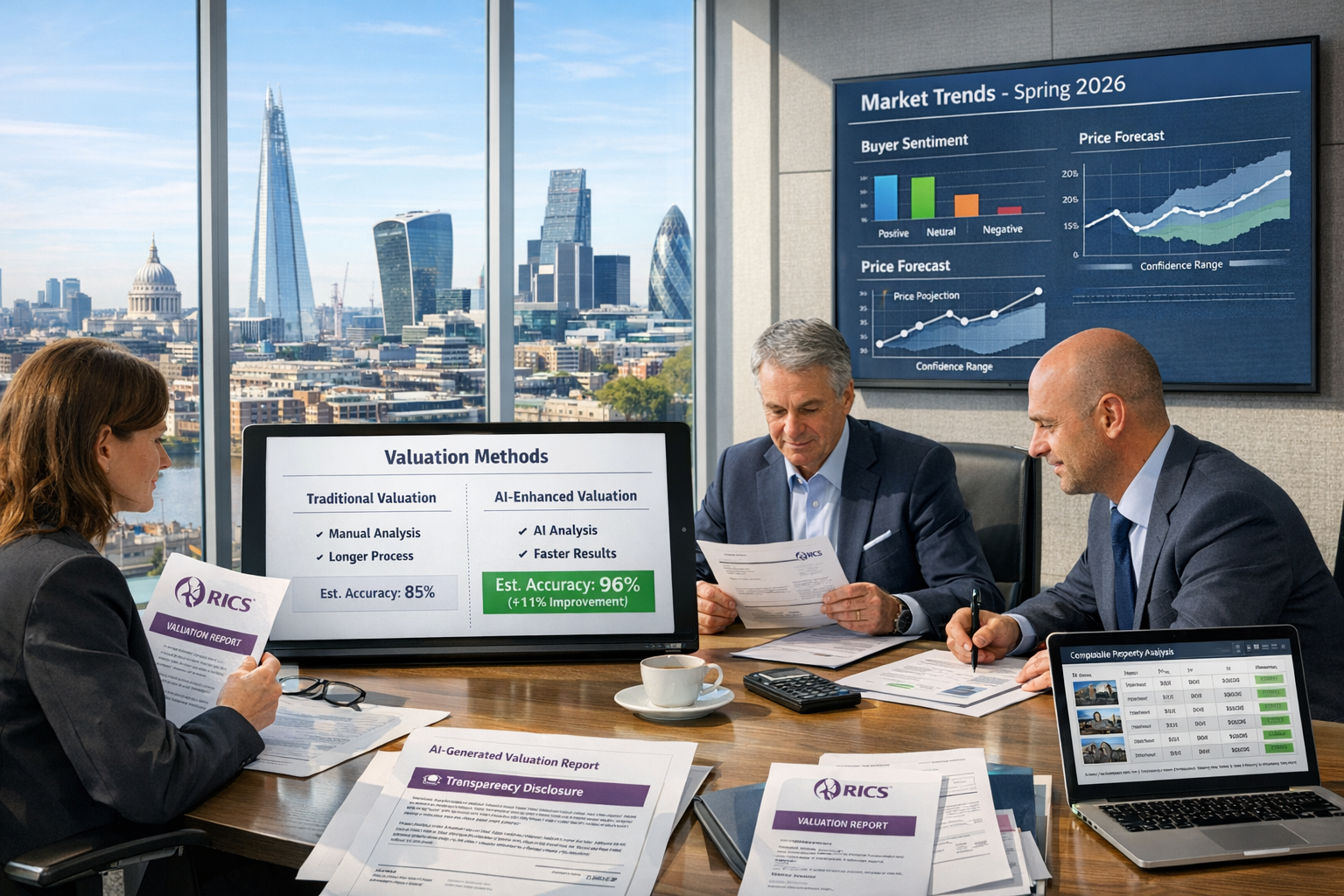 Detailed () image showing collaborative property valuation meeting in contemporary London office with floor-to-ceiling