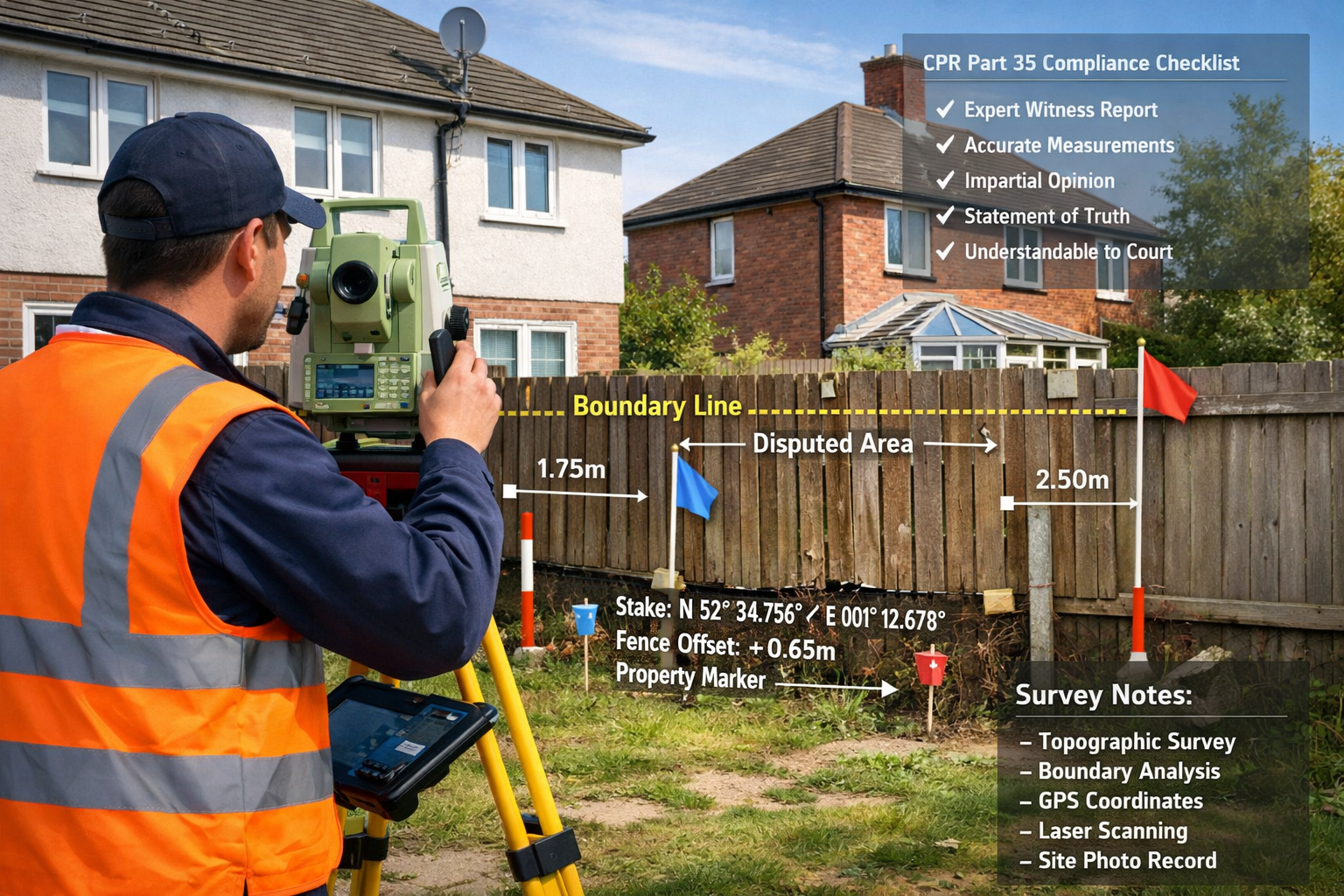 () detailed illustration showing professional boundary surveyor in high-visibility vest conducting site inspection with
