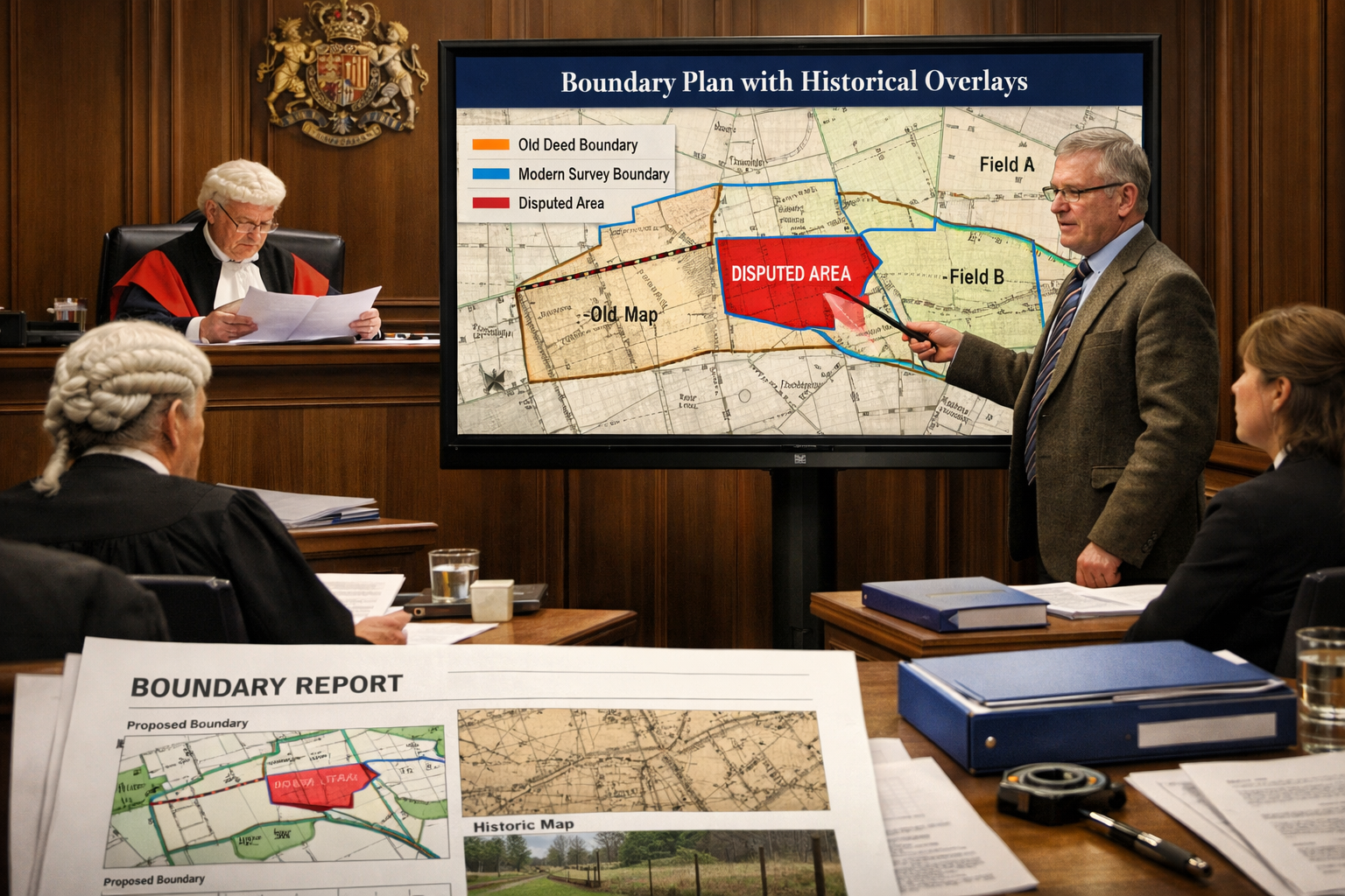 () professional courtroom scene showing expert witness surveyor presenting evidence to judge in UK court setting. Central