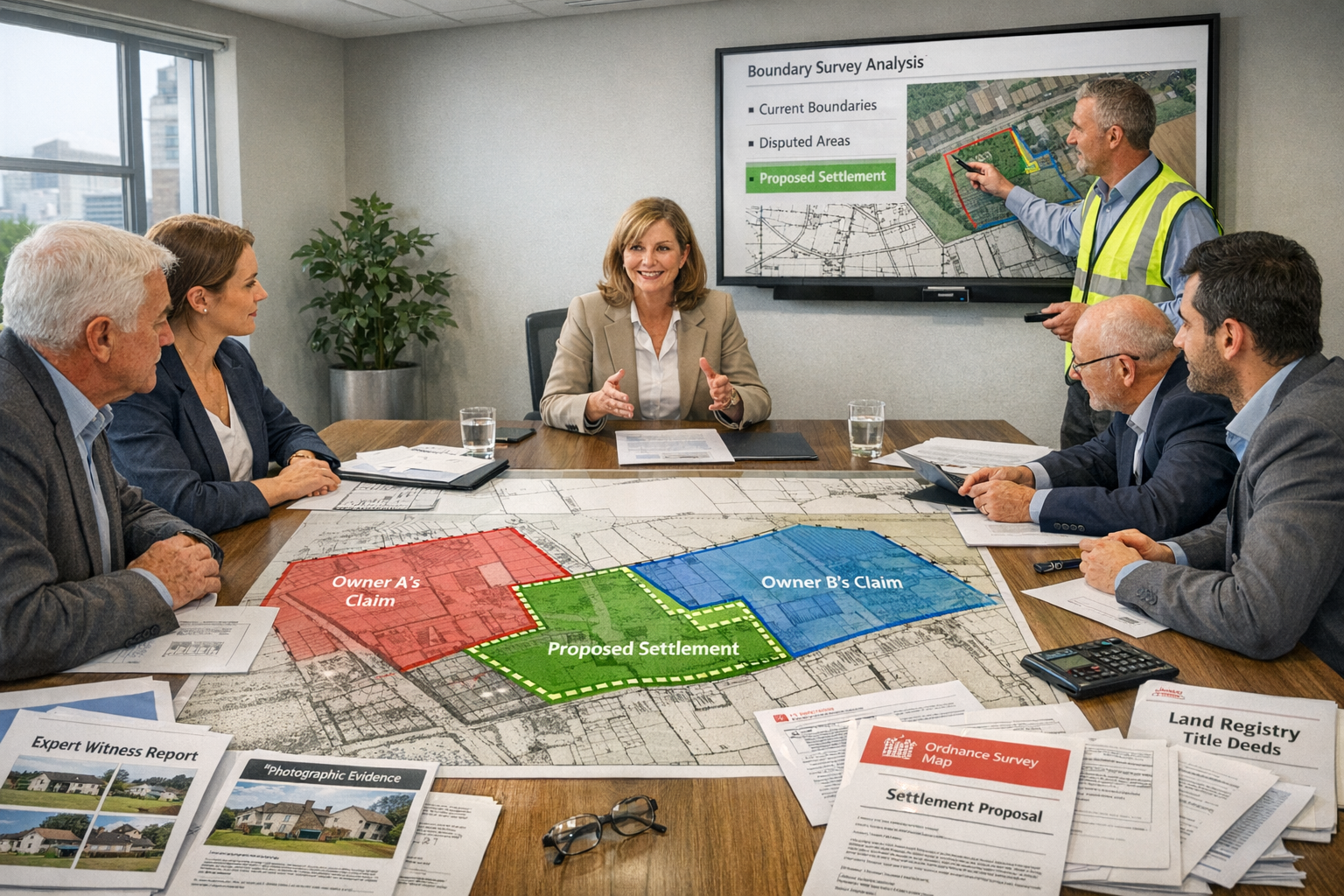 () modern mediation conference room scene showing property owners and their representatives around large table reviewing