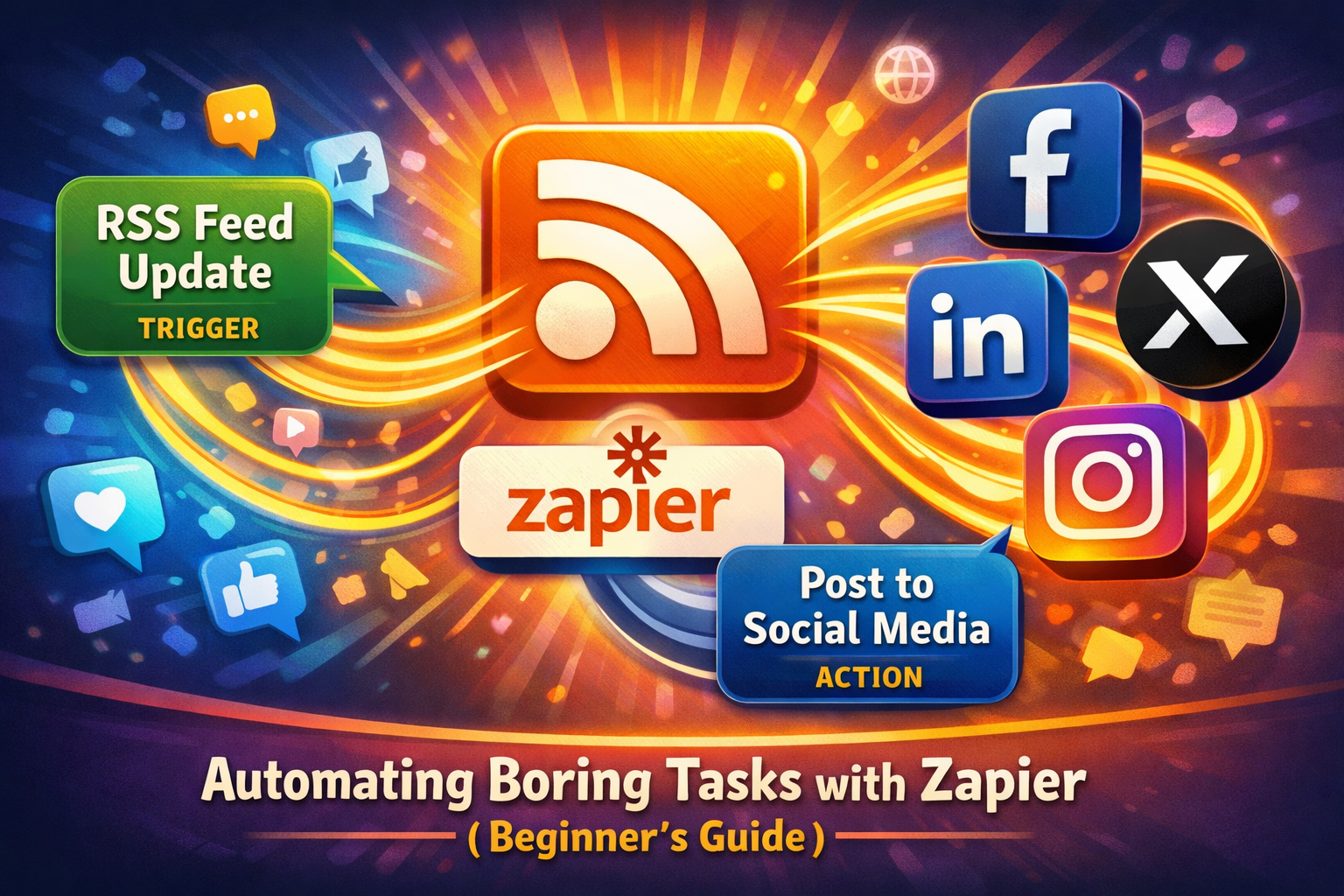 A vibrant digital illustration showcasing social media platforms (Facebook, X, LinkedIn, Instagram icons) being updated automatically from a