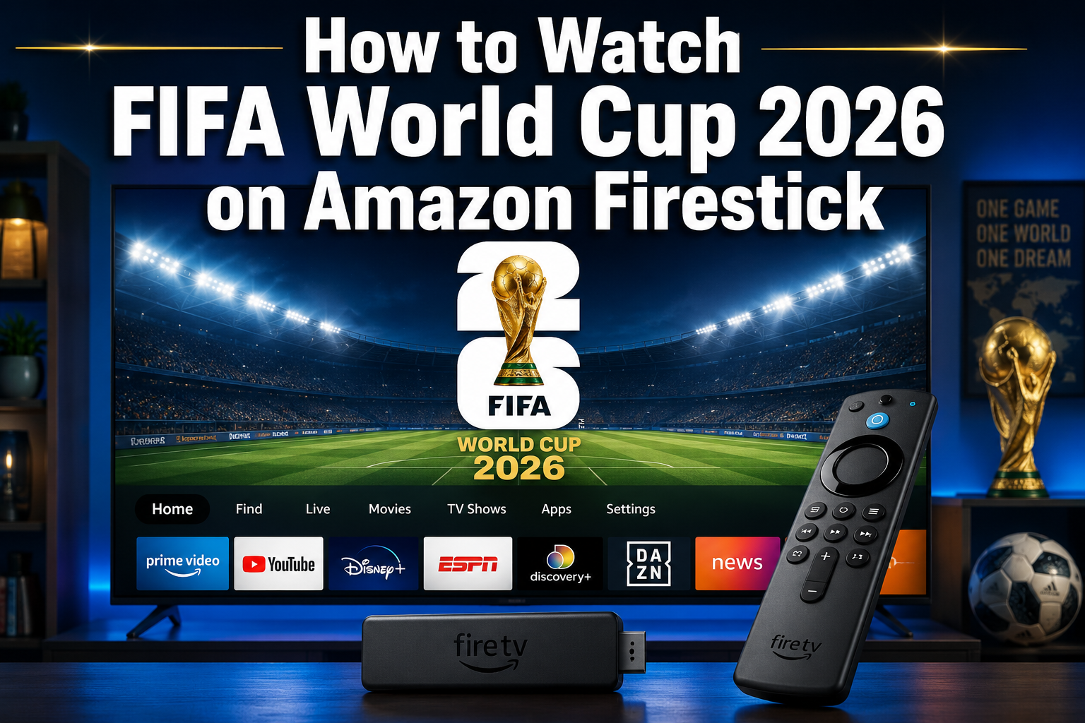 Professional () hero image featuring 'How to Watch FIFA World Cup 2026 on Amazon Firestick' in extra large white with dark ,