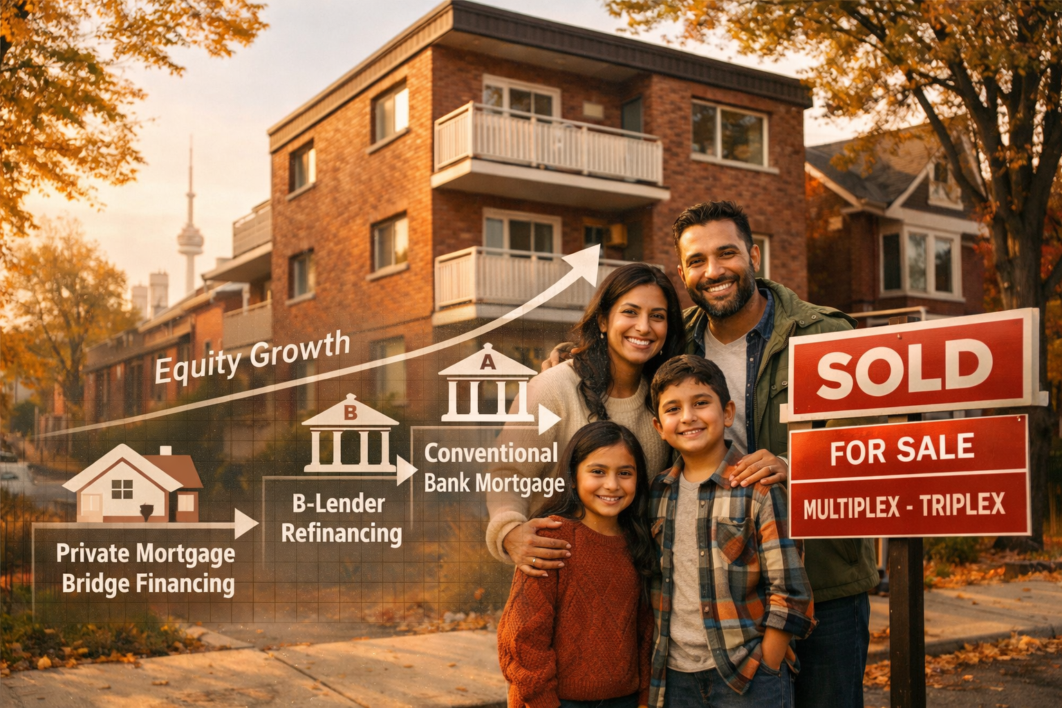 Street-level photography-style editorial image () of a newly acquired Toronto GTA multi-family triplex or small apartment