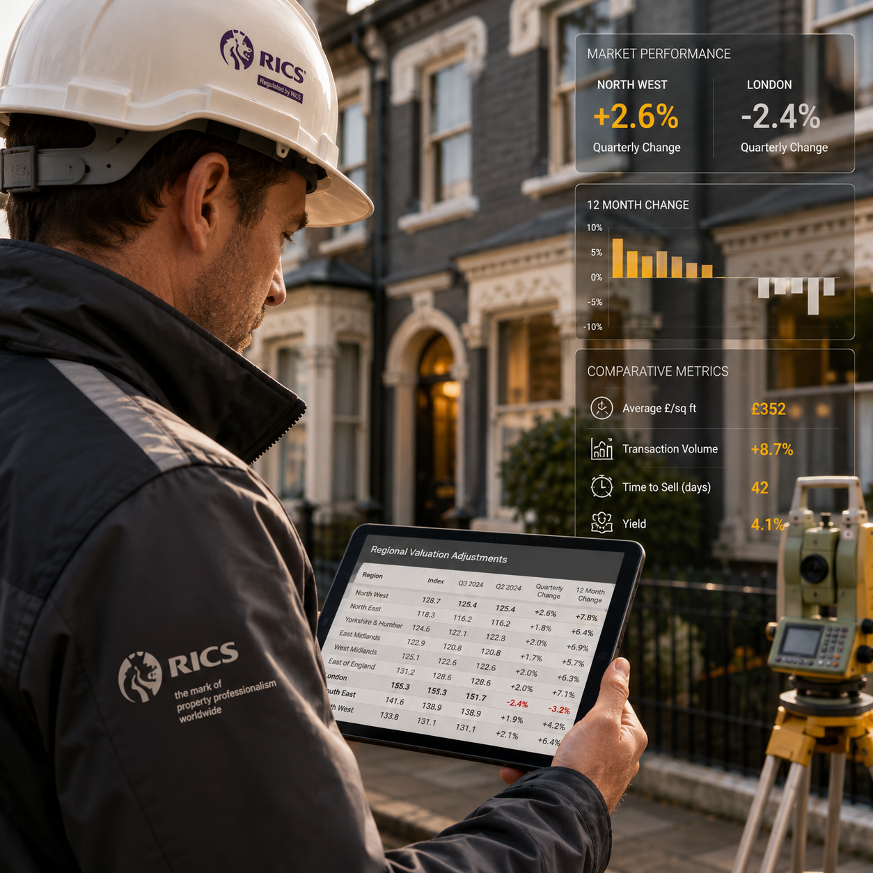 Close-up editorial photograph of a professional RICS-accredited surveyor in a hard hat reviewing a digital tablet showing