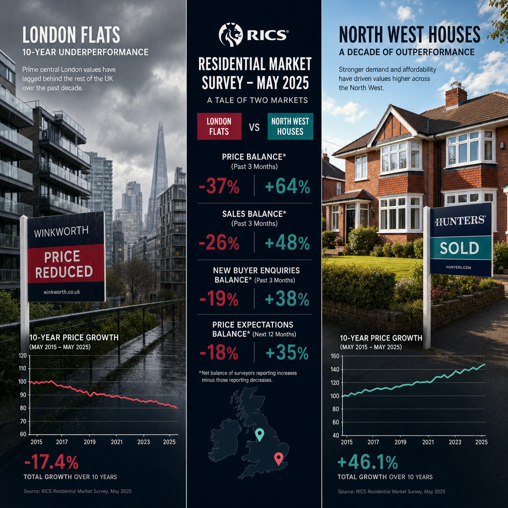 Split composition landscape image: left panel shows a modern London flat with a 'Price Reduced' estate agent board outside,