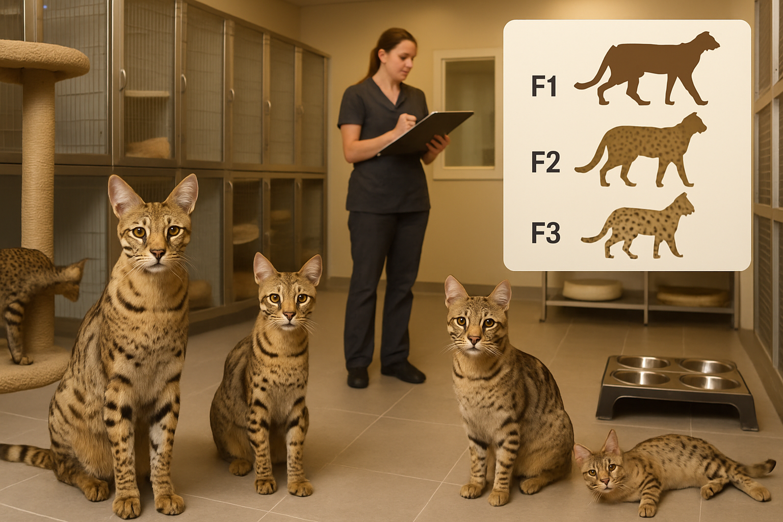 Professional breeding facility interior showing multiple Savannah cats of different generations (F1, F2, F3) with clear visual differences i