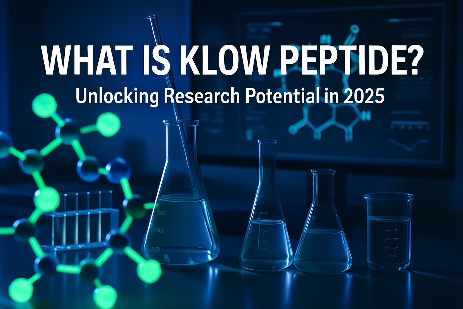 Professional landscape hero image (1536x1024) with bold text overlay: 'WHAT IS KLOW PEPTIDE? Unlocking Research Potential in 2025', modern s