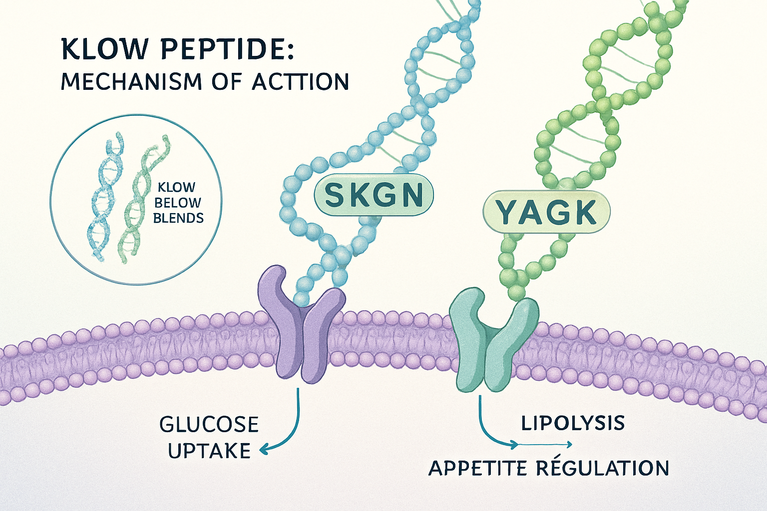 A detailed infographic illustrating the molecular structure and biological pathways related to Klow peptide's mechanism of action. The image