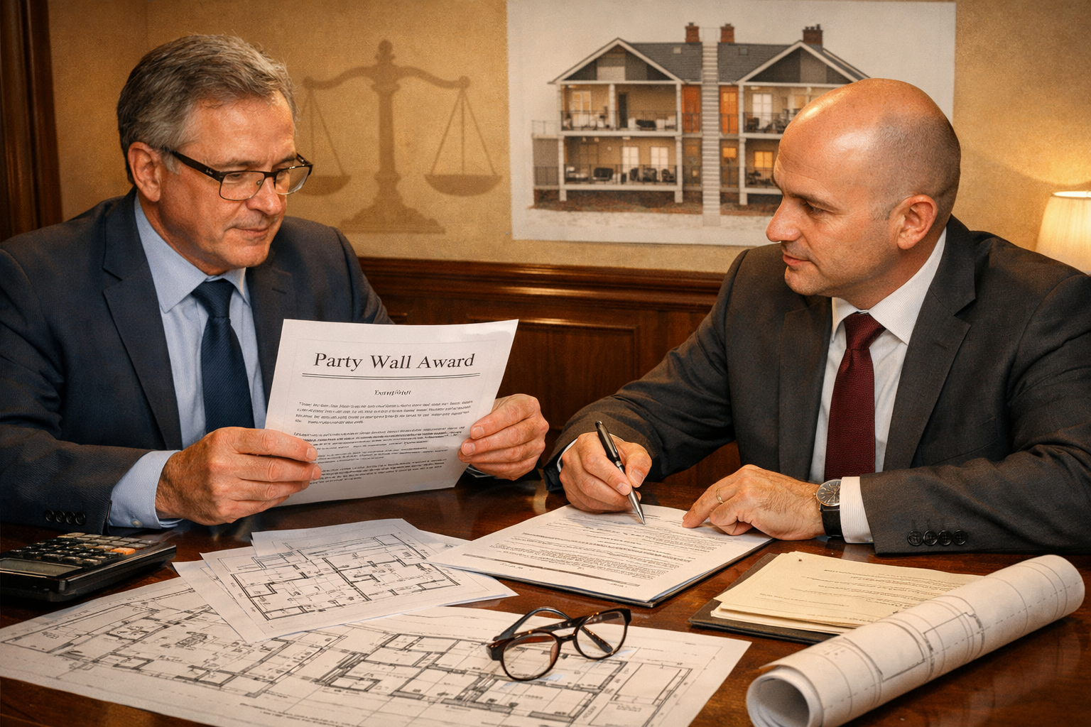 Detailed () editorial illustration showing a formal party wall surveyor meeting scene: two professional surveyors in suits