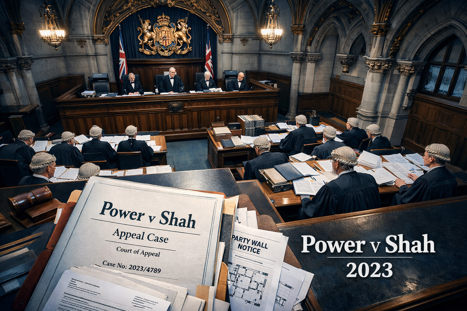 () dynamic legal courtroom aerial perspective showing a judge's bench with the Power v Shah case documents prominently