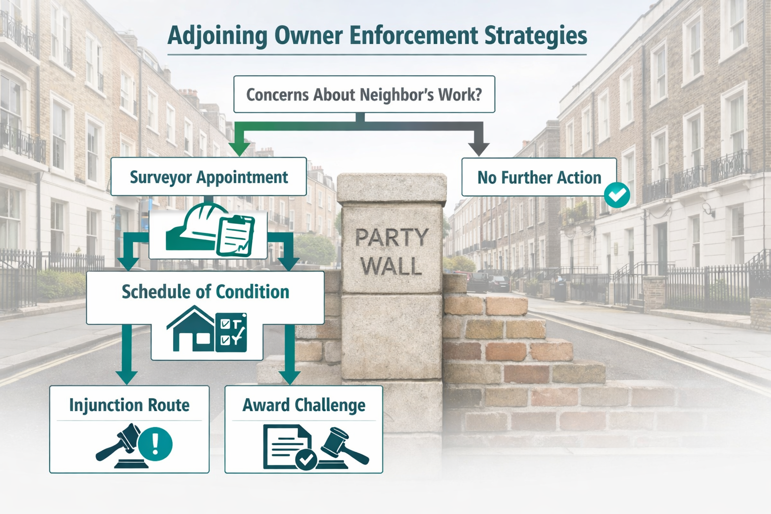 () strategic infographic-style image showing a flowchart diagram of adjoining owner enforcement strategies: branching