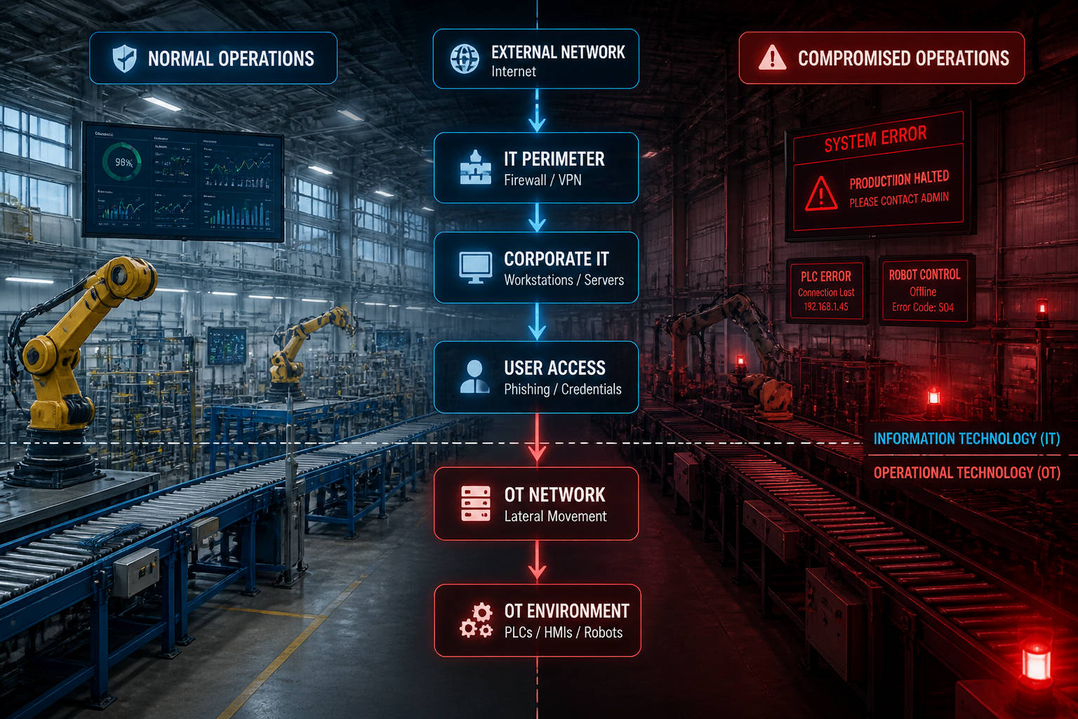 () image showing split-screen composition: left side displays normal industrial manufacturing floor with conveyor belts and