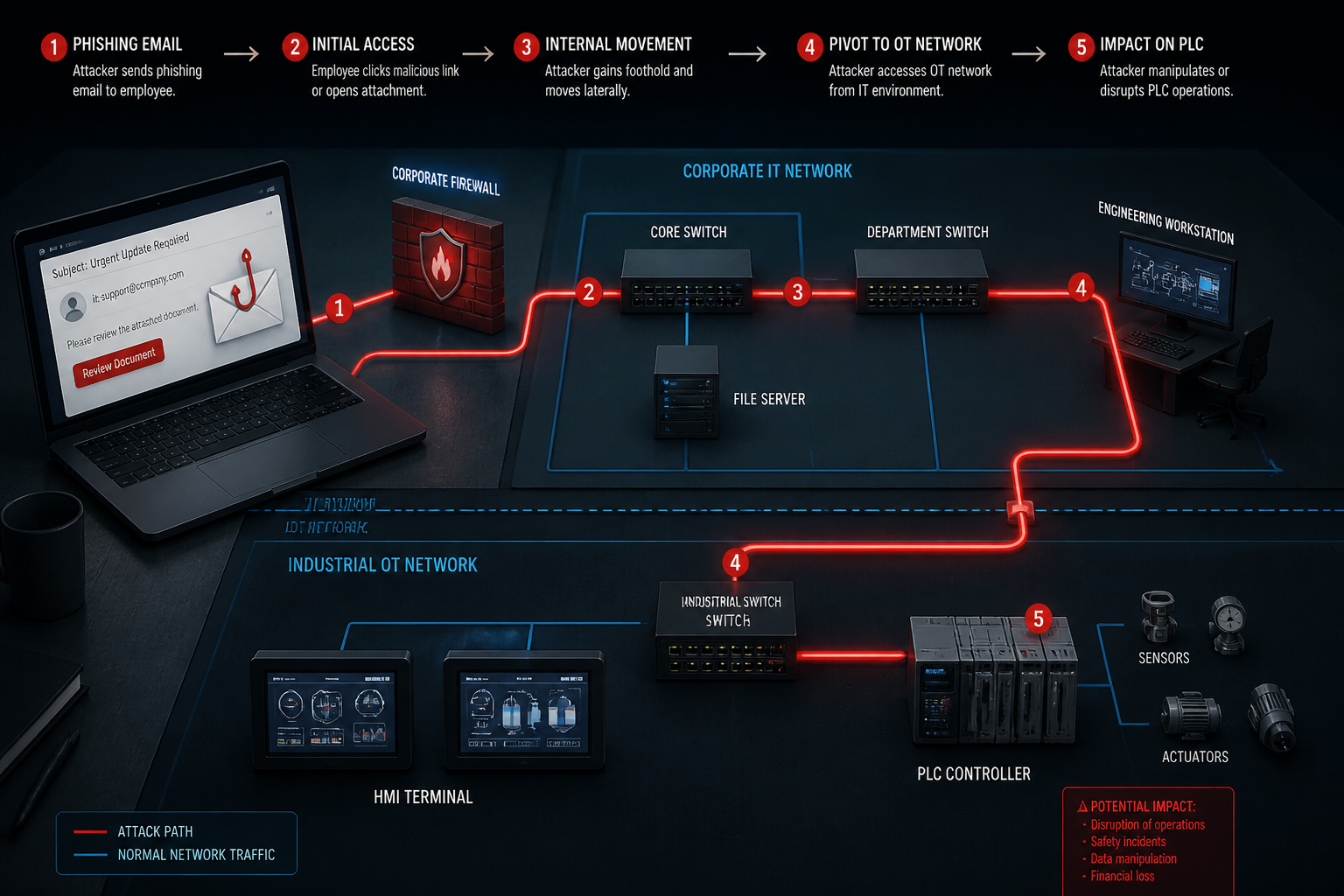 () detailed network diagram illustration showing step-by-step hacker attack flow from email phishing through corporate IT