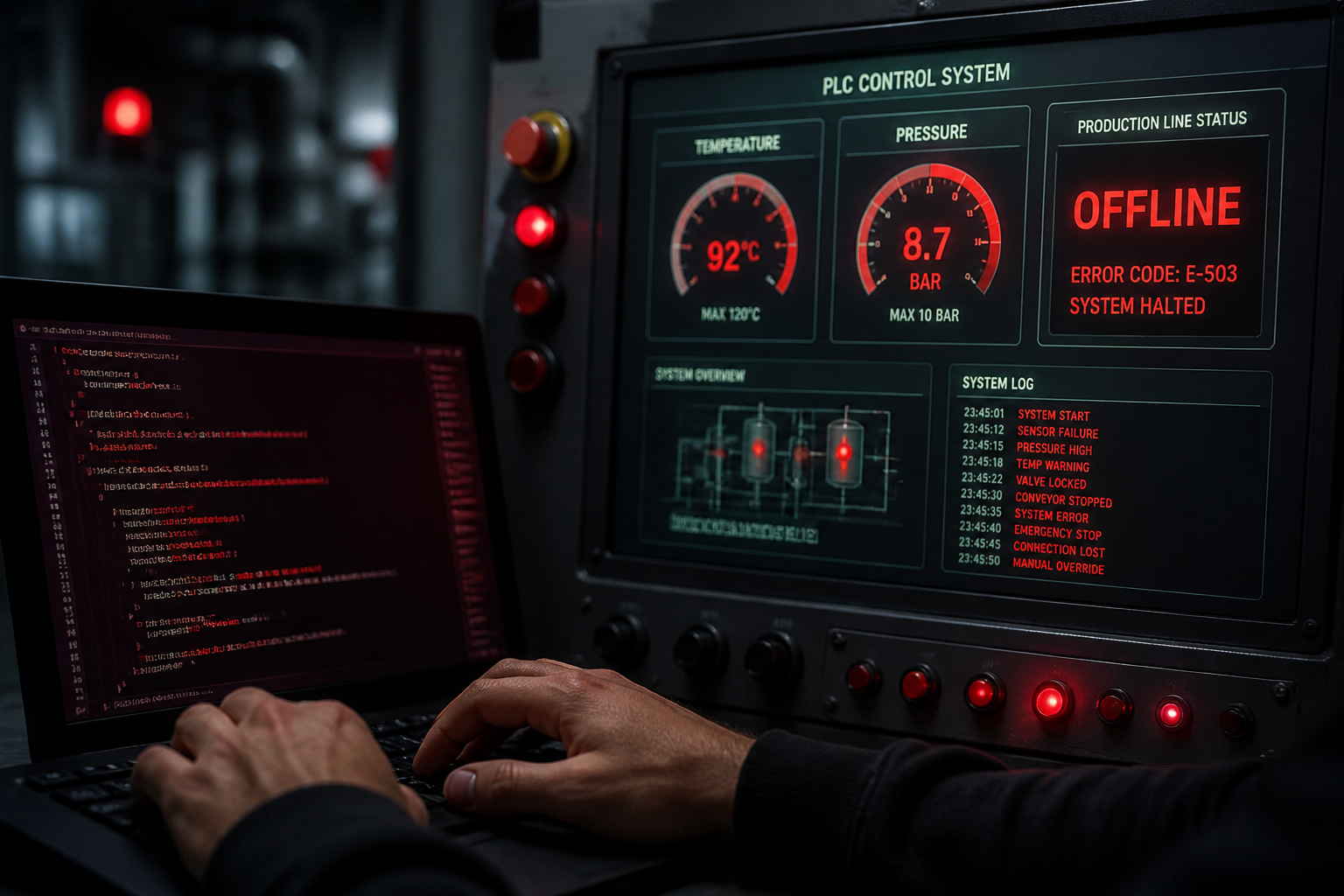 () close-up view of industrial PLC control panel with multiple screens showing system manipulation - temperature gauges