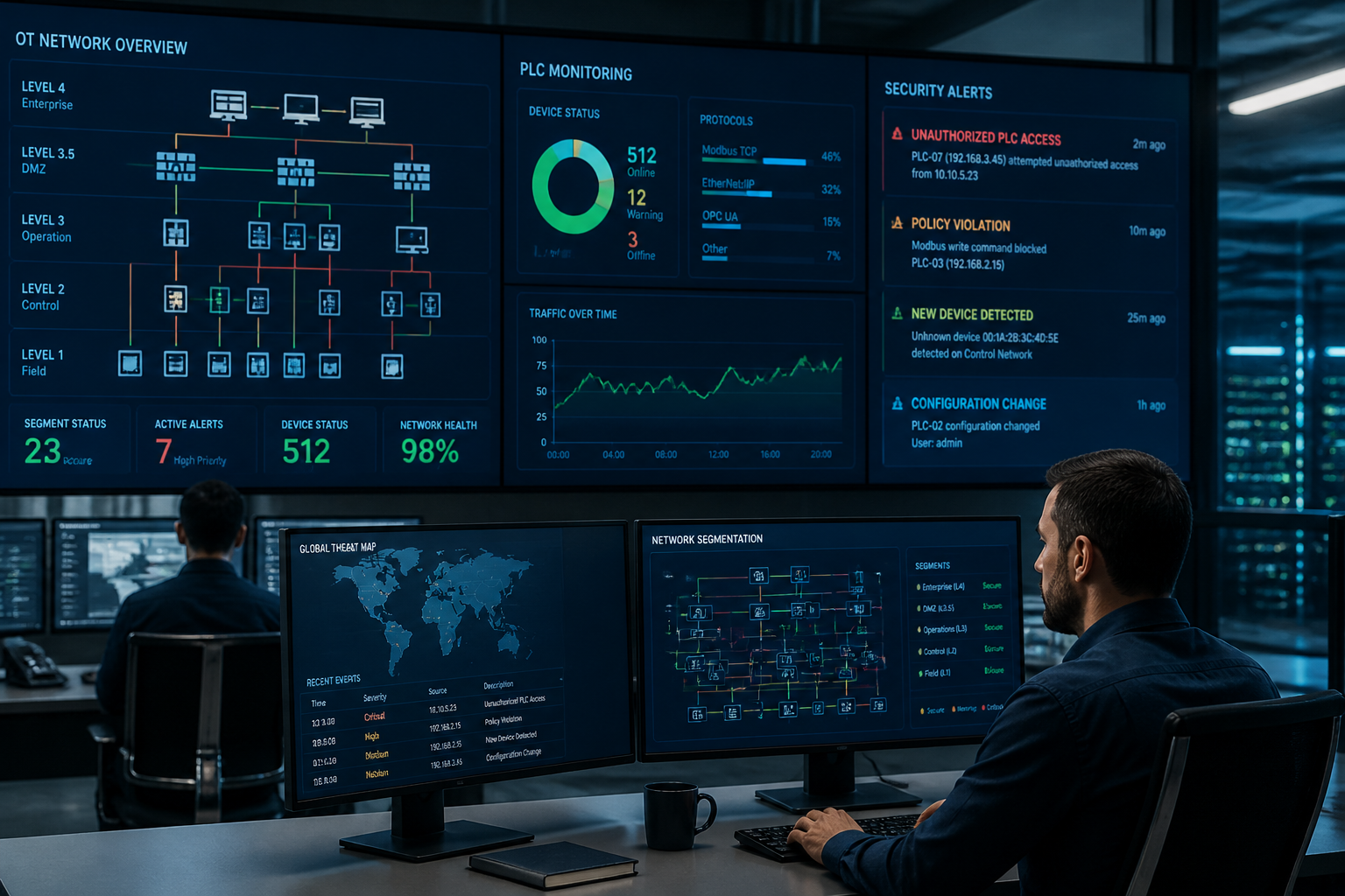 () modern cybersecurity operations center focused on industrial protection, showing analysts monitoring OT network traffic