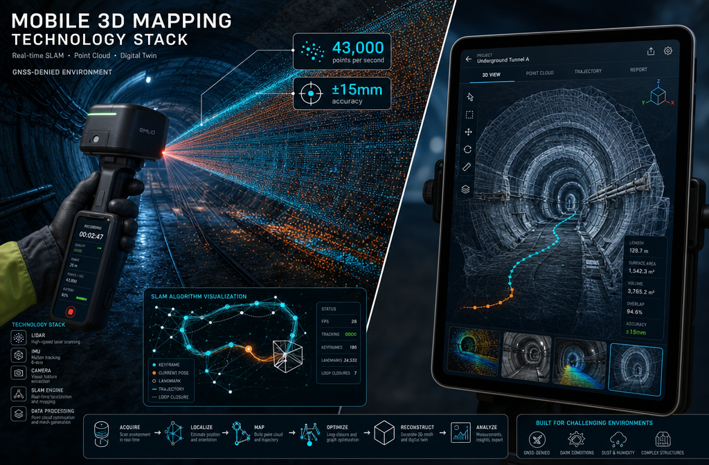 () infographic-style illustration showing the mobile 3D mapping technology stack: a handheld SLAM device emitting laser