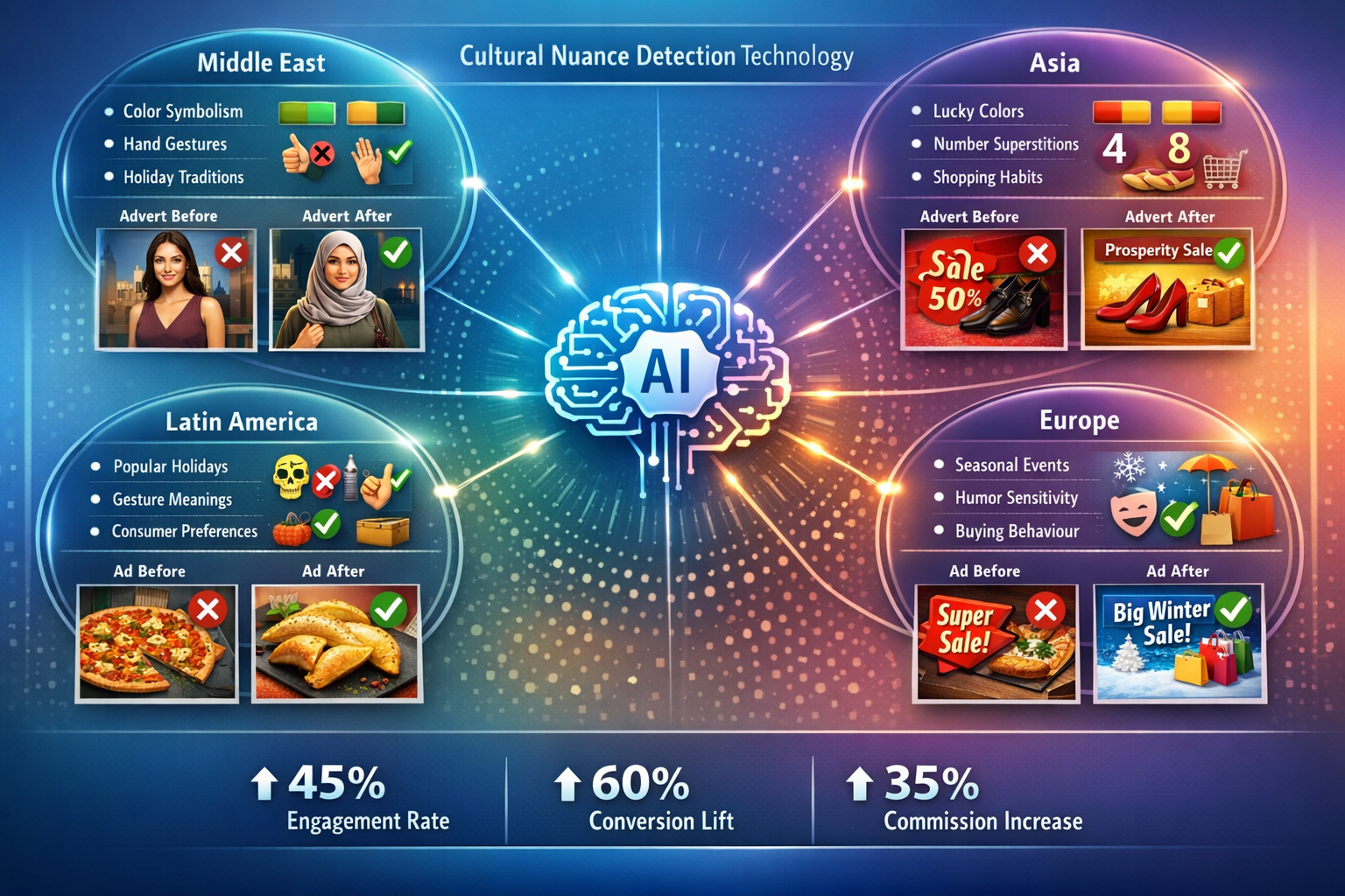 () detailed infographic-style image illustrating cultural nuance detection technology in action. Shows a central AI brain